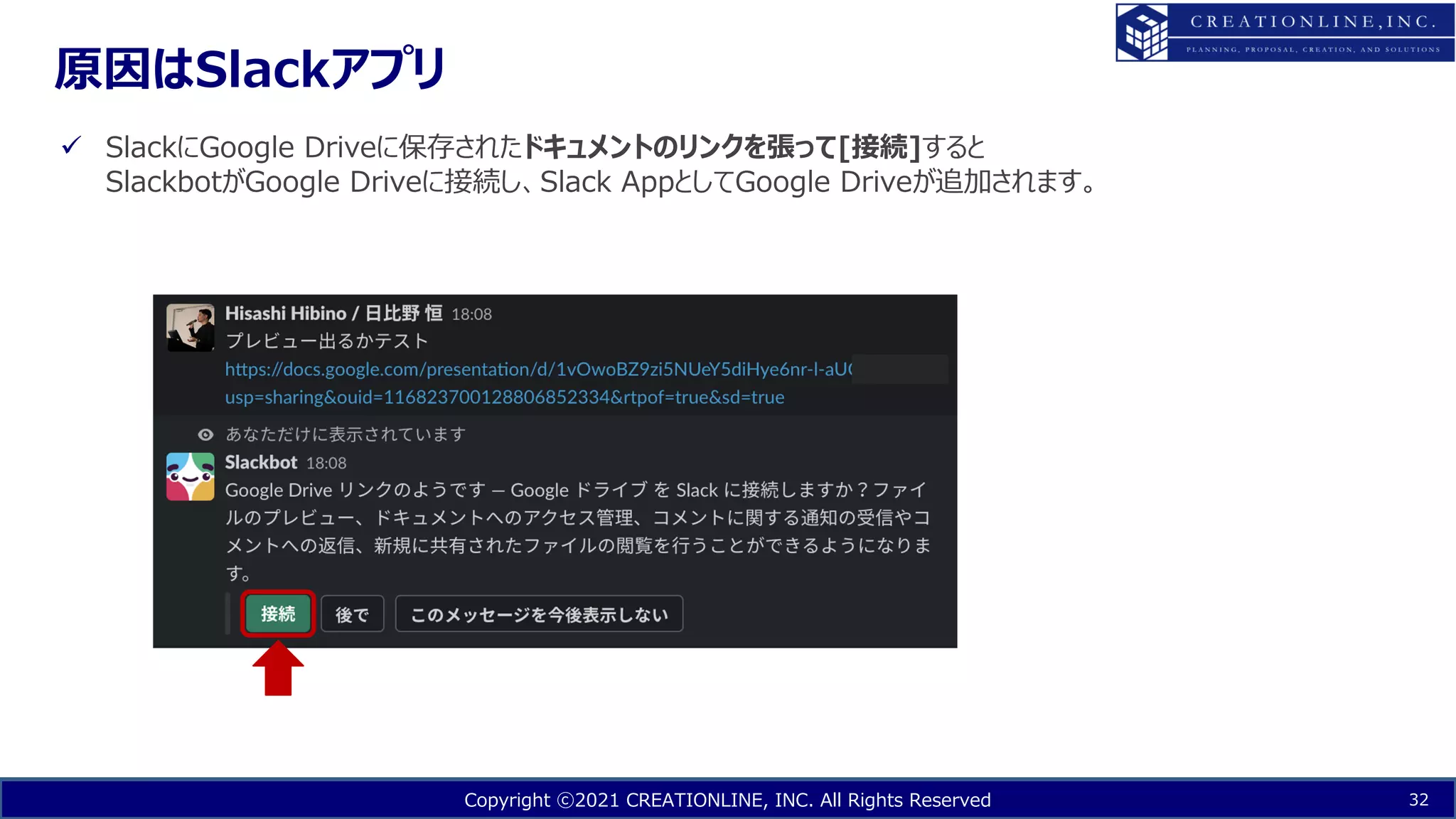 Copyright ⓒ2021 CREATIONLINE, INC. All Rights Reserved
原因はSlackアプリ
32
ü SlackにGoogle Driveに保存されたドキュメントのリンクを張って[接続]すると
SlackbotがGoogle Driveに接続し、Slack AppとしてGoogle Driveが追加されます。
 