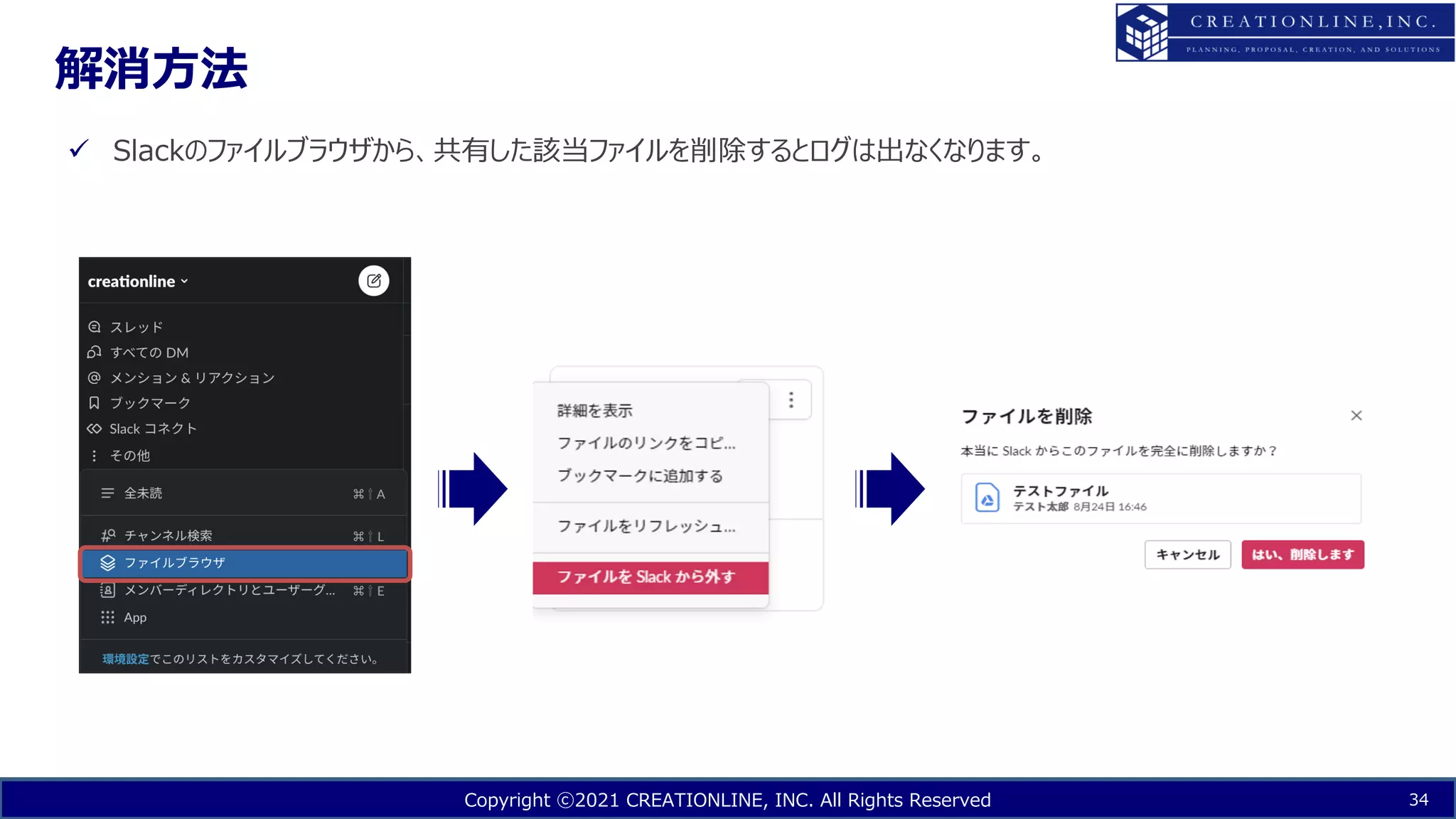Copyright ⓒ2021 CREATIONLINE, INC. All Rights Reserved
解消⽅法
34
ü Slackのファイルブラウザから、共有した該当ファイルを削除するとログは出なくなります。
 
