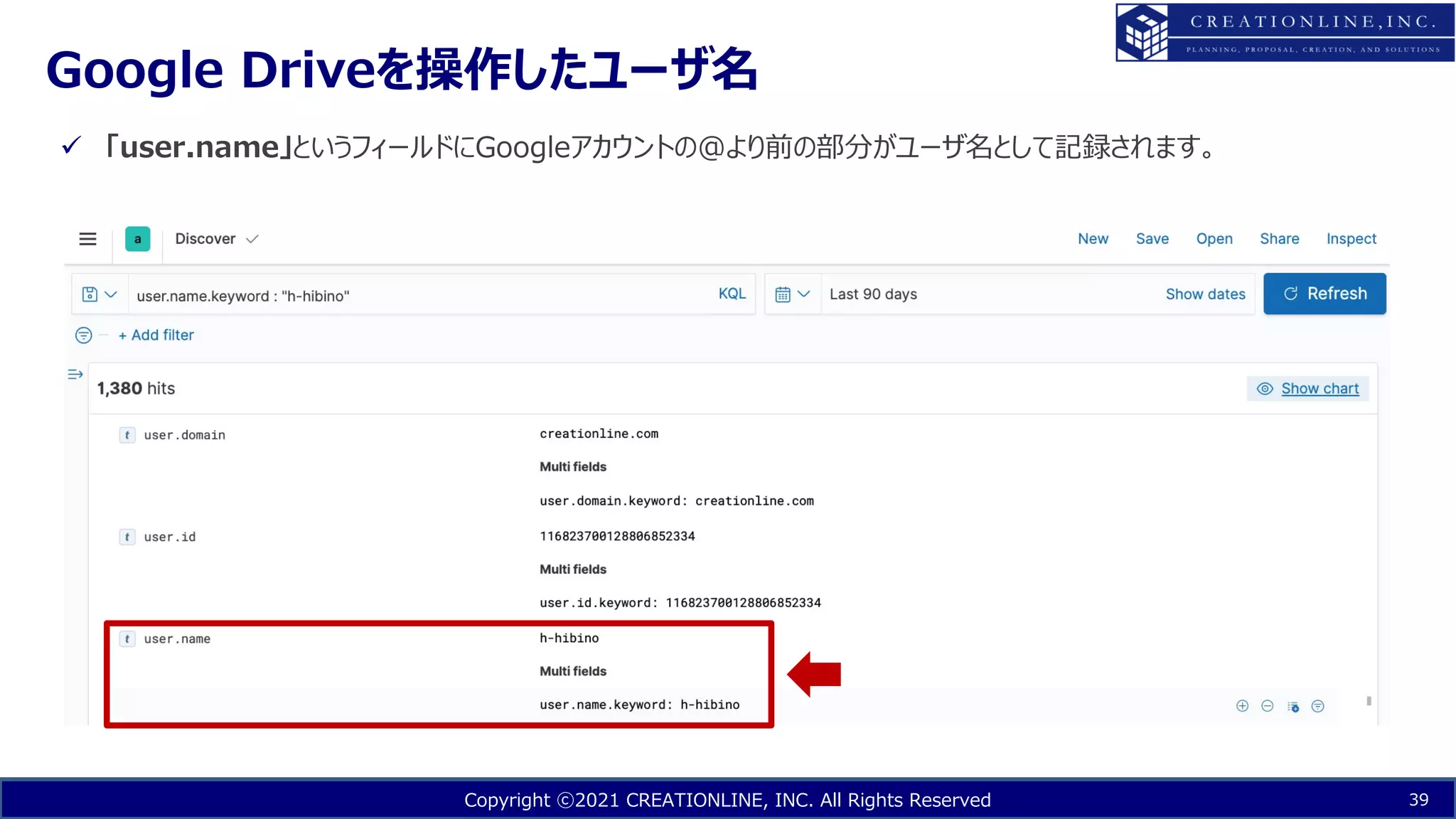 Copyright ⓒ2021 CREATIONLINE, INC. All Rights Reserved
Google Driveを操作したユーザ名
39
ü 「user.name」というフィールドにGoogleアカウントの@より前の部分がユーザ名として記録されます。
 