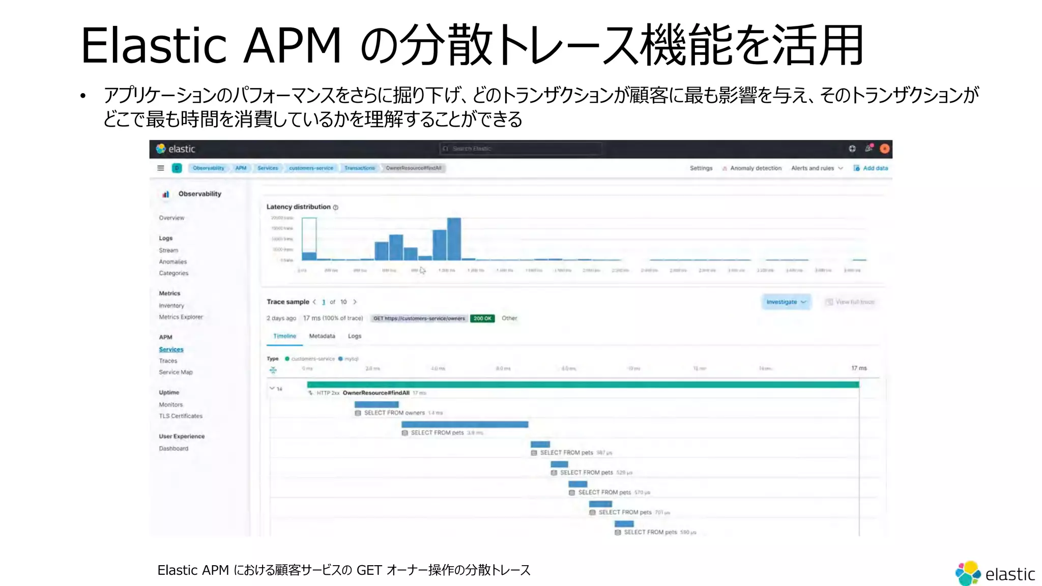 Elastic APM の分散トレース機能を活⽤
• アプリケーションのパフォーマンスをさらに掘り下げ、どのトランザクションが顧客に最も影響を与え、そのトランザクションが
どこで最も時間を消費しているかを理解することができる
Elastic APM における顧客サービスの GET オーナー操作の分散トレース
 