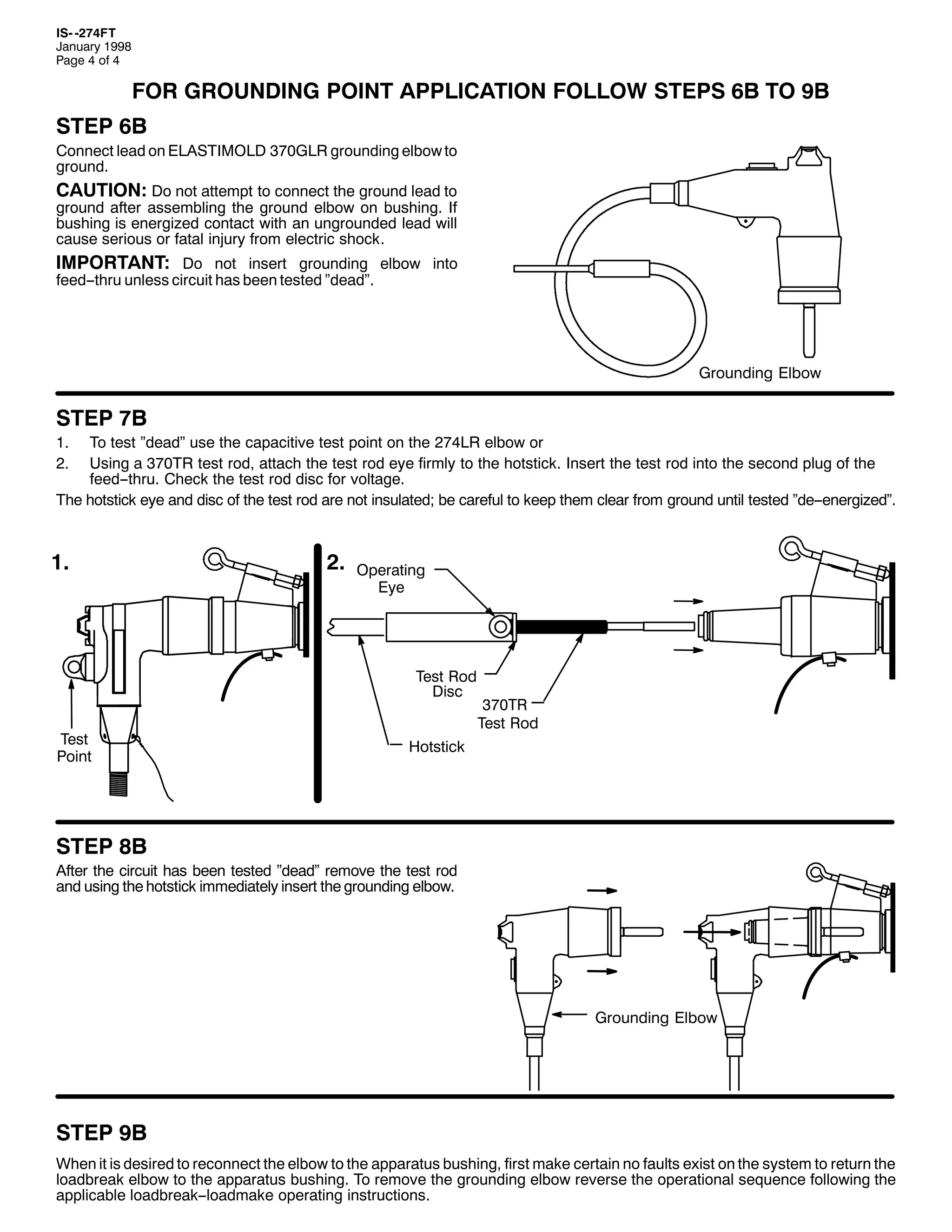 ,60 05:7)7
-DQXDU 4<<;
3DJH 7 RI 7

)25 *5281',1* 32,17 $33/,&$7,21 )2//2: 67(36 9% 72 <%
67(3 9%
&RQQHFW OHDG RQ (/$67,02/' 6:3*/5 JURXQGLQJ HOERZ WR
JURXQG1

&$87,21= 'R QRW DWWHPSW WR FRQQHFW WKH JURXQG OHDG WR
JURXQG DIWHU DVVHPEOLQJ WKH JURXQG HOERZ RQ EXVKLQJ1 ,I
EXVKLQJ LV HQHUJL]HG FRQWDFW ZLWK DQ XQJURXQGHG OHDG ZLOO
FDXVH VHULRXV RU IDWDO LQMXU IURP HOHFWULF VKRFN1
,03257$17= 'R QRW LQVHUW JURXQGLQJ HOERZ LQWR
IHHG00WKUX XQOHVV FLUFXLW KDV EHHQ WHVWHG µGHDGµ1

*URXQGLQJ (OERZ

67(3 :%
41
51

7R WHVW µGHDGµ XVH WKH FDSDFLWLYH WHVW SRLQW RQ WKH 5:7/5 HOERZ RU
8VLQJ D 6:375 WHVW URG/ DWWDFK WKH WHVW URG HH ILUPO WR WKH KRWVWLFN1 ,QVHUW WKH WHVW URG LQWR WKH VHFRQG SOXJ RI WKH
IHHG00WKUX1 &KHFN WKH WHVW URG GLVF IRU YROWDJH1
7KH KRWVWLFN HH DQG GLVF RI WKH WHVW URG DUH QRW LQVXODWHG> EH FDUHIXO WR NHHS WKHP FOHDU IURP JURXQG XQWLO WHVWHG µGH00HQHUJL]HGµ1

41

51

2SHUDWLQJ
(H

7HVW 5RG
'LVF
7HVW
3RLQW

6:375
7HVW 5RG

+RWVWLFN

67(3 ;%

$IWHU WKH FLUFXLW KDV EHHQ WHVWHG µGHDGµ UHPRYH WKH WHVW URG
DQG XVLQJ WKH KRWVWLFN LPPHGLDWHO LQVHUW WKH JURXQGLQJ HOERZ1

*URXQGLQJ (OERZ

67(3 <%
:KHQ LW LV GHVLUHG WR UHFRQQHFW WKH HOERZ WR WKH DSSDUDWXV EXVKLQJ/ ILUVW PDNH FHUWDLQ QR IDXOWV H[LVW RQ WKH VVWHP WR UHWXUQ WKH
ORDGEUHDN HOERZ WR WKH DSSDUDWXV EXVKLQJ1 7R UHPRYH WKH JURXQGLQJ HOERZ UHYHUVH WKH RSHUDWLRQDO VHTXHQFH IROORZLQJ WKH
DSSOLFDEOH ORDGEUHDN00ORDGPDNH RSHUDWLQJ LQVWUXFWLRQV1

 
