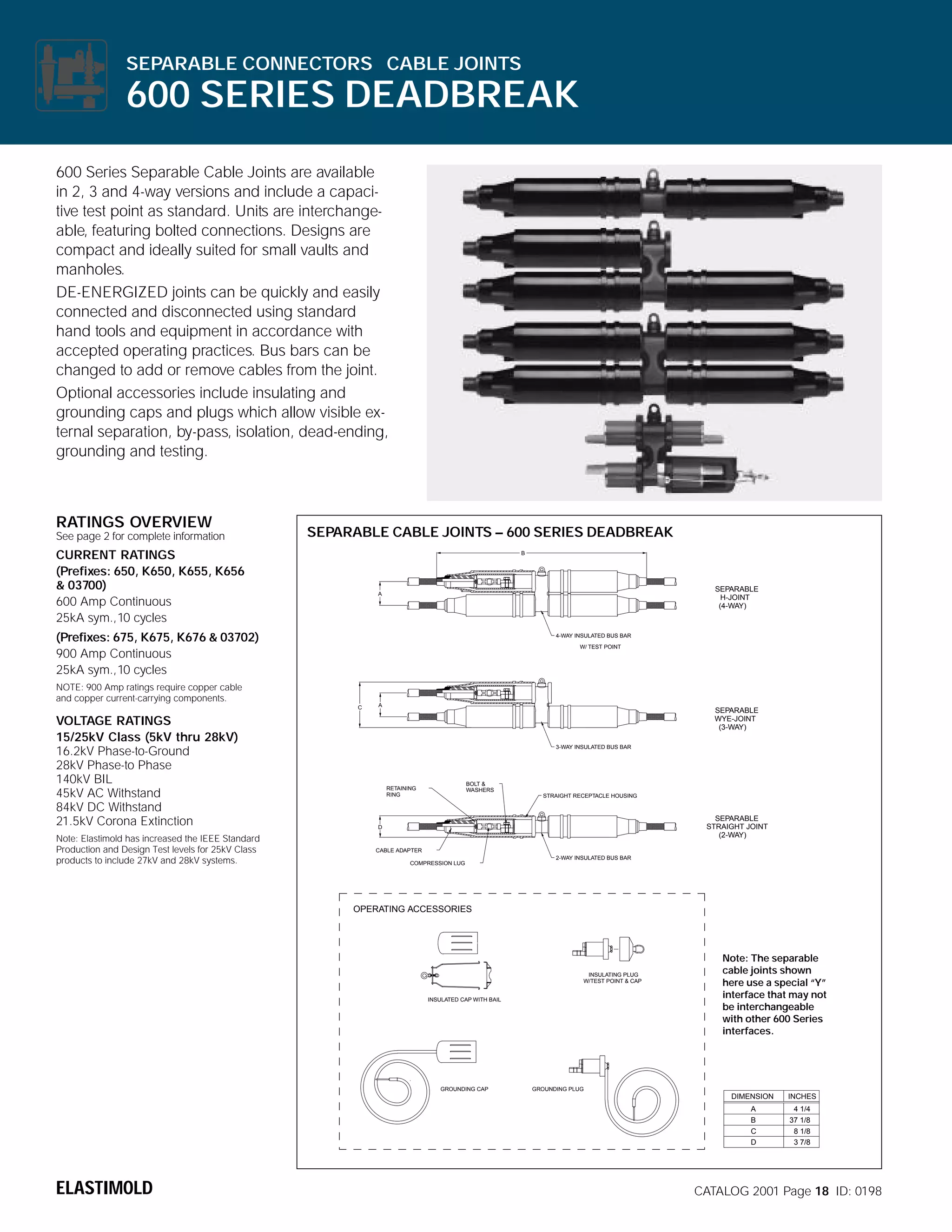 SEPARABLE CONNECTORS CABLE JOINTS

600 SERIES DEADBREAK
600 Series Separable Cable Joints are available
in 2, 3 and 4-way versions and include a capacitive test point as standard. Units are interchangeable, featuring bolted connections. Designs are
compact and ideally suited for small vaults and
manholes.
DE-ENERGIZED joints can be quickly and easily
connected and disconnected using standard
hand tools and equipment in accordance with
accepted operating practices. Bus bars can be
changed to add or remove cables from the joint.
Optional accessories include insulating and
grounding caps and plugs which allow visible external separation, by-pass, isolation, dead-ending,
grounding and testing.

RATINGS OVERVIEW
See page 2 for complete information

SEPARABLE CABLE JOINTS – 600 SERIES DEADBREAK

CURRENT RATINGS
(Prefixes: 650, K650, K655, K656
& 03700)
600 Amp Continuous
25kA sym.,10 cycles

B

SEPARABLE
H-JOINT
(4-WAY)

A

(Prefixes: 675, K675, K676 & 03702)
900 Amp Continuous
25kA sym.,10 cycles

4-WAY INSULATED BUS BAR
W/ TEST POINT

NOTE: 900 Amp ratings require copper cable
and copper current-carrying components.
C

VOLTAGE RATINGS
15/25kV Class (5kV thru 28kV)
16.2kV Phase-to-Ground
28kV Phase-to Phase
140kV BIL
45kV AC Withstand
84kV DC Withstand
21.5kV Corona Extinction
Note: Elastimold has increased the IEEE Standard
Production and Design Test levels for 25kV Class
products to include 27kV and 28kV systems.

A

SEPARABLE
WYE-JOINT
(3-WAY)
3-WAY INSULATED BUS BAR

BOLT &
WASHERS

RETAINING
RING

STRAIGHT RECEPTACLE HOUSING

SEPARABLE
STRAIGHT JOINT
(2-WAY)

D

CABLE ADAPTER
2-WAY INSULATED BUS BAR
COMPRESSION LUG

OPERATING ACCESSORIES

INSULATING PLUG
W/TEST POINT & CAP
INSULATED CAP WITH BAIL

GROUNDING CAP

Note: The separable
cable joints shown
here use a special “Y”
interface that may not
be interchangeable
with other 600 Series
interfaces.

GROUNDING PLUG

DIMENSION
A
B
C
D

ELASTIMOLD

INCHES
4 1/4
37 1/8
8 1/8
3 7/8

CATALOG 2001 Page 18 ID: 0198

 