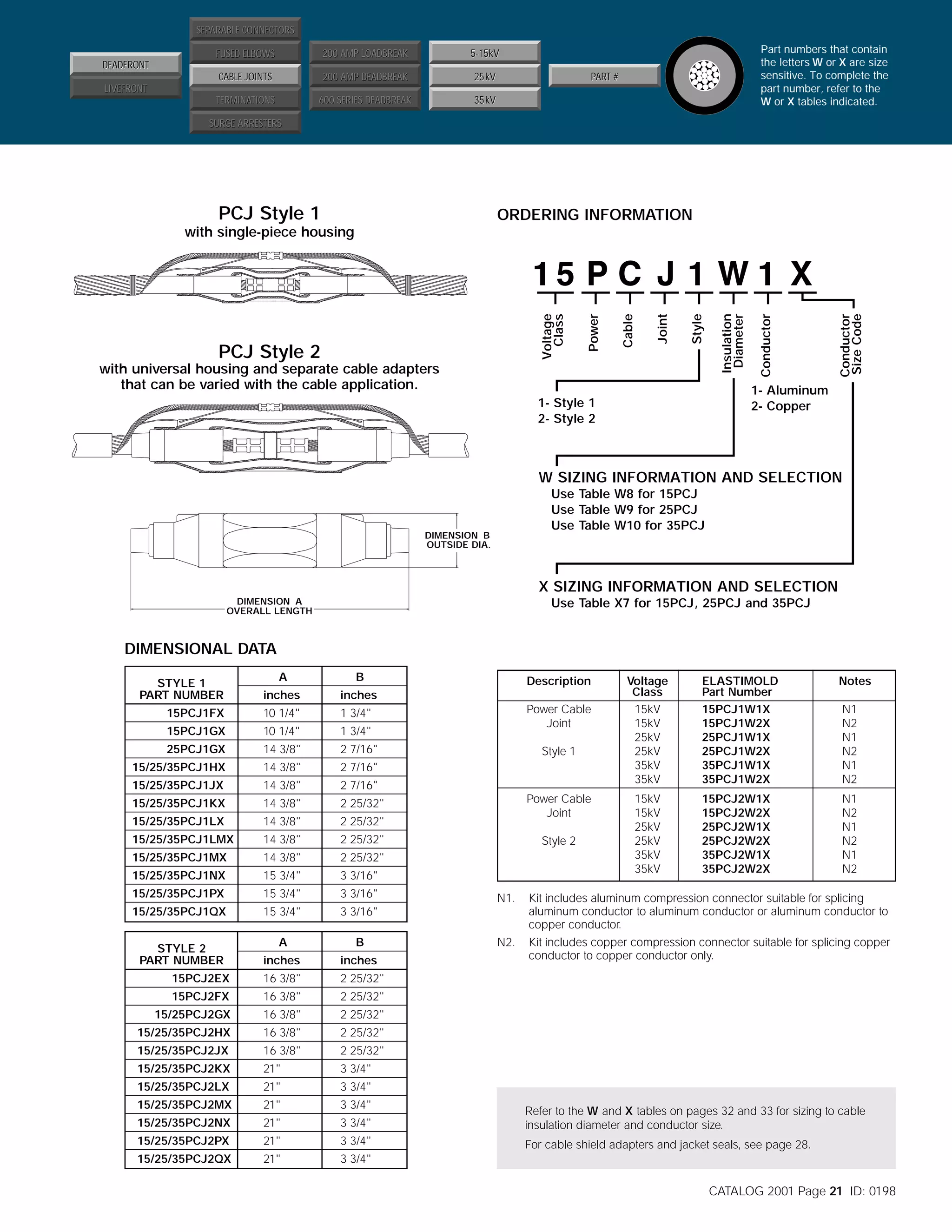 SEPARABLE CONNECTORS
FUSED ELBOWS

200 AMP LOADBREAK
200 AMP DEADBREAK

25kV

TERMINATIONS

600 SERIES DEADBREAK

Part numbers that contain
the letters W or X are size
sensitive. To complete the
part number, refer to the
W or X tables indicated.

5-15kV

CABLE JOINTS

DEADFRONT

35kV

PART #

LIVEFRONT
SURGE ARRESTERS

PCJ Style 1

ORDERING INFORMATION

Conductor
Size Code

Conductor

with universal housing and separate cable adapters
that can be varied with the cable application.

Insulation
Diameter

Style

Joint

Cable

PCJ Style 2

Power

Voltage
Class

with single-piece housing

1- Aluminum
2- Copper

1- Style 1
2- Style 2

W SIZING INFORMATION AND SELECTION
Use Table W8 for 15PCJ
Use Table W9 for 25PCJ
Use Table W10 for 35PCJ

DIMENSION B
OUTSIDE DIA.

X SIZING INFORMATION AND SELECTION
DIMENSION A
OVERALL LENGTH

Use Table X7 for 15PCJ, 25PCJ and 35PCJ

DIMENSIONAL DATA
STYLE 1
PART NUMBER

A

B

inches

inches

15PCJ1FX

10 1/4"

1 3/4"

15PCJ1GX

10 1/4"

1 3/4"

25PCJ1GX

14 3/8"

2 7/16"

15/25/35PCJ1HX

14 3/8"

2 7/16"

15/25/35PCJ1JX

14 3/8"

2 7/16"

15/25/35PCJ1KX

14 3/8"

2 25/32"

15/25/35PCJ1LX

14 3/8"

2 25/32"

15/25/35PCJ1LMX

14 3/8"

2 25/32"

15/25/35PCJ1MX

14 3/8"

2 25/32"

Description
Power Cable
Joint
Style 1

Power Cable
Joint
Style 2

Voltage
Class
15kV
15kV
25kV
25kV
35kV
35kV
15kV
15kV
25kV
25kV
35kV
35kV

ELASTIMOLD
Part Number
15PCJ1W1X
15PCJ1W2X
25PCJ1W1X
25PCJ1W2X
35PCJ1W1X
35PCJ1W2X

Notes

15PCJ2W1X
15PCJ2W2X
25PCJ2W1X
25PCJ2W2X
35PCJ2W1X
35PCJ2W2X

N1
N2
N1
N2
N1
N2

N1
N2
N1
N2
N1
N2

15/25/35PCJ1NX

15 3/4"

3 3/16"

15/25/35PCJ1PX

15 3/4"

3 3/16"

15/25/35PCJ1QX

15 3/4"

3 3/16"

STYLE 2
PART NUMBER

A

B

inches

inches

15PCJ2EX

16 3/8"

2 25/32"

15PCJ2FX

16 3/8"

2 25/32"

15/25PCJ2GX

16 3/8"

2 25/32"

15/25/35PCJ2HX

16 3/8"

2 25/32"

15/25/35PCJ2JX

16 3/8"

2 25/32"

15/25/35PCJ2KX

21"

3 3/4"

15/25/35PCJ2LX

21"

3 3/4"

15/25/35PCJ2MX

21"

3 3/4"

15/25/35PCJ2NX

21"

3 3/4"

Refer to the W and X tables on pages 32 and 33 for sizing to cable
insulation diameter and conductor size.

15/25/35PCJ2PX

21"

3 3/4"

For cable shield adapters and jacket seals, see page 28.

15/25/35PCJ2QX

21"

3 3/4"

N1.

Kit includes aluminum compression connector suitable for splicing
aluminum conductor to aluminum conductor or aluminum conductor to
copper conductor.

N2.

Kit includes copper compression connector suitable for splicing copper
conductor to copper conductor only.

CATALOG 2001 Page 21 ID: 0198

 