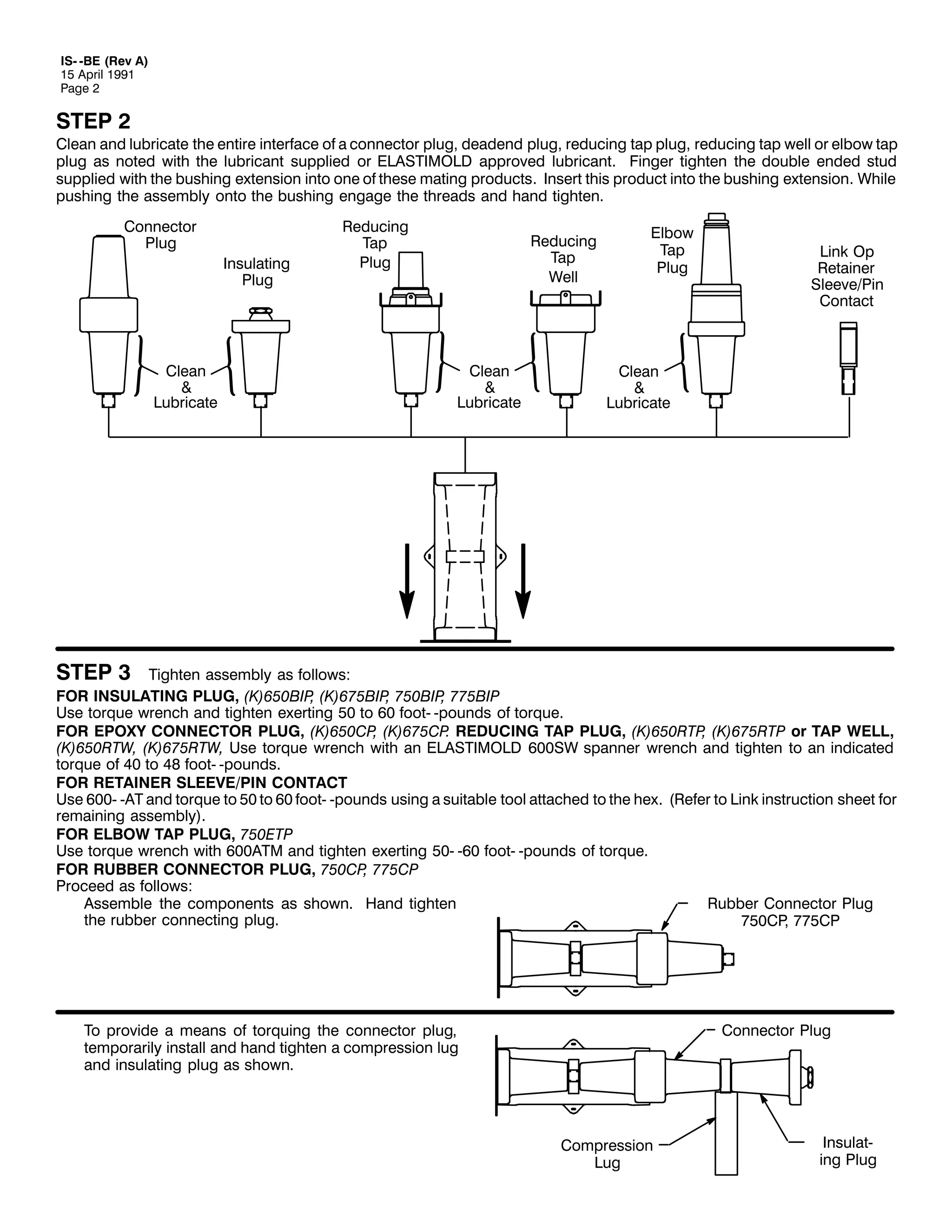 ,60 0%( +5HY $,
48 $SULO 4<<4
3DJH 5

67(3 5

&OHDQ DQG OXEULFDWH WKH HQWLUH LQWHUIDFH RI D FRQQHFWRU SOXJ/ GHDGHQG SOXJ/ UHGXFLQJ WDS SOXJ/ UHGXFLQJ WDS ZHOO RU HOERZ WDS
SOXJ DV QRWHG ZLWK WKH OXEULFDQW VXSSOLHG RU (/$67,02/' DSSURYHG OXEULFDQW1 )LQJHU WLJKWHQ WKH GRXEOH HQGHG VWXG
VXSSOLHG ZLWK WKH EXVKLQJ H[WHQVLRQ LQWR RQH RI WKHVH PDWLQJ SURGXFWV1 ,QVHUW WKLV SURGXFW LQWR WKH EXVKLQJ H[WHQVLRQ1 :KLOH
SXVKLQJ WKH DVVHPEO RQWR WKH EXVKLQJ HQJDJH WKH WKUHDGV DQG KDQG WLJKWHQ1
&RQQHFWRU
3OXJ
,QVXODWLQJ
3OXJ

&OHDQ
)
/XEULFDWH

5HGXFLQJ
7DS
3OXJ

5HGXFLQJ
7DS
:HOO

&OHDQ
)
/XEULFDWH

(OERZ
7DS
3OXJ

/LQN 2S
5HWDLQHU
6OHHYH23LQ
&RQWDFW

&OHDQ
)
/XEULFDWH

67(3 6

7LJKWHQ DVVHPEO DV IROORZV=
)25 ,168/$7,1* 3/8*/ +.,983%,3 +.,9:8%,3 :83%,3 ::8%,3
/
/
/
8VH WRUTXH ZUHQFK DQG WLJKWHQ H[HUWLQJ 83 WR 93 IRRW0 0SRXQGV RI WRUTXH1
)25 (32;< &211(&725 3/8*/ +.,983&3 +.,9:8&3 5('8&,1* 7$3 3/8*/ +.,983573 +.,9:8573 RU 7$3 :(///
/
1
/
+.,98357:/ +.,9:857:/ 8VH WRUTXH ZUHQFK ZLWK DQ (/$67,02/' 9336: VSDQQHU ZUHQFK DQG WLJKWHQ WR DQ LQGLFDWHG
WRUTXH RI 73 WR 7; IRRW0 0SRXQGV1
)25 5(7$,1(5 6/((9(23,1 &217$&7
8VH 9330 0$7 DQG WRUTXH WR 83 WR 93 IRRW0 0SRXQGV XVLQJ D VXLWDEOH WRRO DWWDFKHG WR WKH KH[1 +5HIHU WR /LQN LQVWUXFWLRQ VKHHW IRU
UHPDLQLQJ DVVHPEO,1
)25 (/%2: 7$3 3/8*/ :83(73
8VH WRUTXH ZUHQFK ZLWK 933$70 DQG WLJKWHQ H[HUWLQJ 830 093 IRRW0 0SRXQGV RI WRUTXH1
)25 58%%(5 &211(&725 3/8*/ :83&3 ::8&3
/
3URFHHG DV IROORZV=
$VVHPEOH WKH FRPSRQHQWV DV VKRZQ1 +DQG WLJKWHQ
5XEEHU &RQQHFWRU 3OXJ
WKH UXEEHU FRQQHFWLQJ SOXJ1
:83&3 ::8&3
/

7R SURYLGH D PHDQV RI WRUTXLQJ WKH FRQQHFWRU SOXJ/
WHPSRUDULO LQVWDOO DQG KDQG WLJKWHQ D FRPSUHVVLRQ OXJ
DQG LQVXODWLQJ SOXJ DV VKRZQ1

&RQQHFWRU 3OXJ

&RPSUHVVLRQ
/XJ

,QVXODW0
LQJ 3OXJ

 