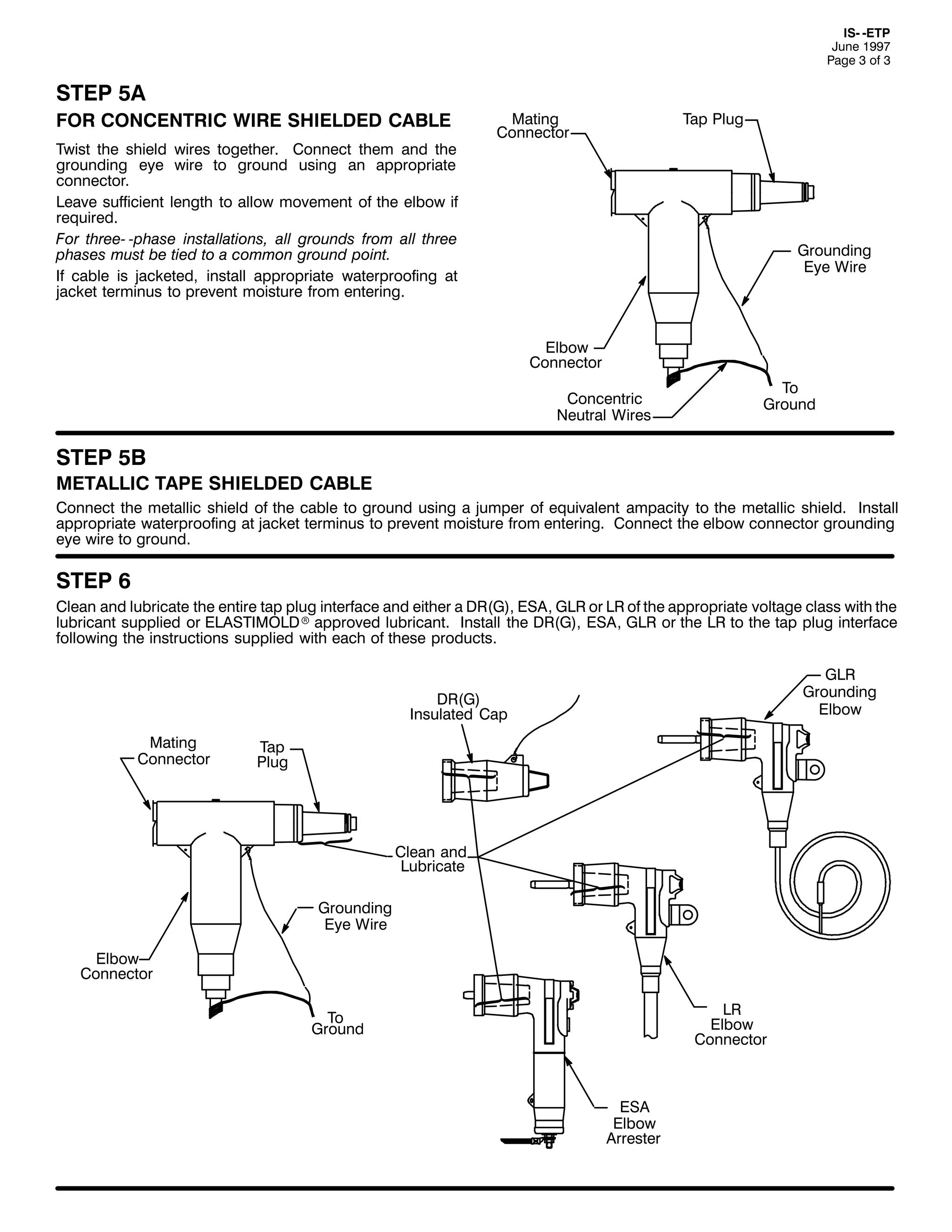 ,60 0(73
-XQH 4<<:
3DJH 6 RI 6

67(3 8$
)25 &21&(175,& :,5( 6+,(/'(' &$%/(
7ZLVW WKH VKLHOG ZLUHV WRJHWKHU1 &RQQHFW WKHP DQG WKH
JURXQGLQJ HH ZLUH WR JURXQG XVLQJ DQ DSSURSULDWH
FRQQHFWRU1
/HDYH VXIILFLHQW OHQJWK WR DOORZ PRYHPHQW RI WKH HOERZ LI
UHTXLUHG1
)RU WKUHH0 0SKDVH LQVWDOODWLRQV/ DOO JURXQGV IURP DOO WKUHH
SKDVHV PXVW EH WLHG WR D FRPPRQ JURXQG SRLQW1
,I FDEOH LV MDFNHWHG/ LQVWDOO DSSURSULDWH ZDWHUSURRILQJ DW
MDFNHW WHUPLQXV WR SUHYHQW PRLVWXUH IURP HQWHULQJ1

0DWLQJ
&RQQHFWRU

7DS 3OXJ

*URXQGLQJ
(H :LUH

(OERZ
&RQQHFWRU
&RQFHQWULF
1HXWUDO :LUHV

7R
*URXQG

67(3 8%

0(7$//,& 7$3( 6+,(/'(' &$%/(
&RQQHFW WKH PHWDOOLF VKLHOG RI WKH FDEOH WR JURXQG XVLQJ D MXPSHU RI HTXLYDOHQW DPSDFLW WR WKH PHWDOOLF VKLHOG1 ,QVWDOO
DSSURSULDWH ZDWHUSURRILQJ DW MDFNHW WHUPLQXV WR SUHYHQW PRLVWXUH IURP HQWHULQJ1 &RQQHFW WKH HOERZ FRQQHFWRU JURXQGLQJ
HH ZLUH WR JURXQG1

67(3 9
&OHDQ DQG OXEULFDWH WKH HQWLUH WDS SOXJ LQWHUIDFH DQG HLWKHU D '5+*,/ (6$/ */5 RU /5 RI WKH DSSURSULDWH YROWDJH FODVV ZLWK WKH
OXEULFDQW VXSSOLHG RU (/$67,02/'X DSSURYHG OXEULFDQW1 ,QVWDOO WKH '5+*,/ (6$/ */5 RU WKH /5 WR WKH WDS SOXJ LQWHUIDFH
IROORZLQJ WKH LQVWUXFWLRQV VXSSOLHG ZLWK HDFK RI WKHVH SURGXFWV1
*/5
*URXQGLQJ
(OERZ

'5+*,
,QVXODWHG &DS
0DWLQJ
&RQQHFWRU

7DS
3OXJ

&OHDQ DQG
/XEULFDWH
*URXQGLQJ
(H :LUH
(OERZ
&RQQHFWRU
/5
(OERZ
&RQQHFWRU

7R
*URXQG

(6$
(OERZ
$UUHVWHU

 