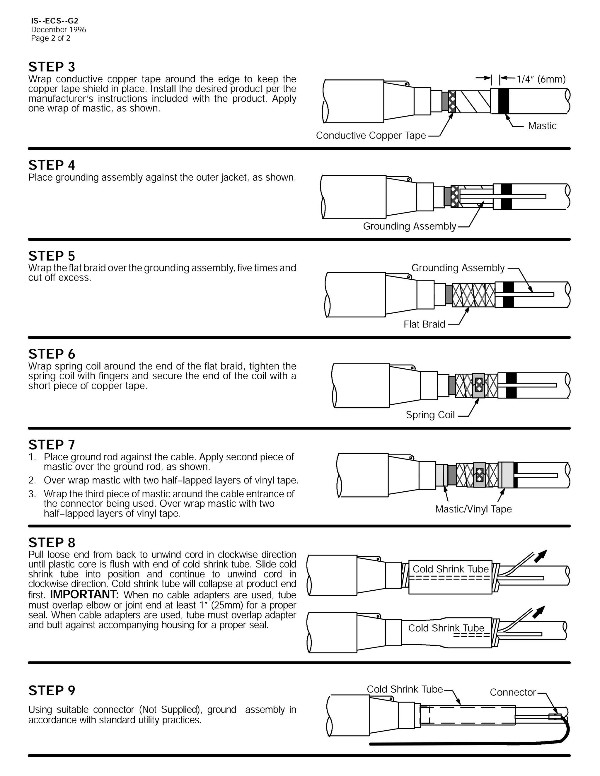 IS- -ECS- -G2
December 1996
Page 2 of 2

STEP 3

1/4” (6mm)

Wrap conductive copper tape around the edge to keep the
copper tape shield in place. Install the desired product per the
manufacturer’s instructions included with the product. Apply
one wrap of mastic, as shown.

Mastic

Conductive Copper Tape

STEP 4

Place grounding assembly against the outer jacket, as shown.

Grounding Assembly

STEP 5

Wrap the flat braid over the grounding assembly, five times and
cut off excess.

Grounding Assembly

Flat Braid

STEP 6

Wrap spring coil around the end of the flat braid, tighten the
spring coil with fingers and secure the end of the coil with a
short piece of copper tape.
Spring Coil

STEP 7

1. Place ground rod against the cable. Apply second piece of
mastic over the ground rod, as shown.
2. Over wrap mastic with two half--lapped layers of vinyl tape.
3. Wrap the third piece of mastic around the cable entrance of
the connector being used. Over wrap mastic with two
half--lapped layers of vinyl tape.

Mastic/Vinyl Tape

STEP 8

Pull loose end from back to unwind cord in clockwise direction
until plastic core is flush with end of cold shrink tube. Slide cold
shrink tube into position and continue to unwind cord in
clockwise direction. Cold shrink tube will collapse at product end
first. IMPORTANT: When no cable adapters are used, tube
must overlap elbow or joint end at least 1” (25mm) for a proper
seal. When cable adapters are used, tube must overlap adapter
and butt against accompanying housing for a proper seal.

STEP 9
Using suitable connector (Not Supplied), ground assembly in
accordance with standard utility practices.

Cold Shrink Tube

Cold Shrink Tube

Cold Shrink Tube

Connector

 