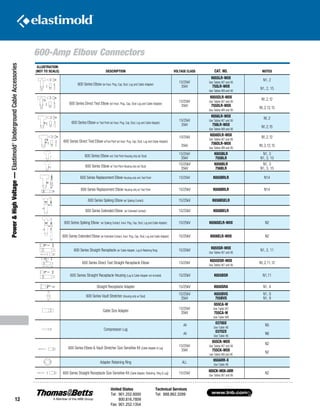 www.tnb.com
United States
Tel: 901.252.8000
800.816.7809
Fax: 901.252.1354
Technical Services
Tel: 888.862.3289
12
600-Amp Elbow Connectors
Power HighVoltage—Elastimold®
UndergroundCableAccessories
ILLUSTRATION
(NOT TO SCALE) DESCRIPTION VOLTAGE CLASS CAT. NO. NOTES
600 Series Elbow (w/ Insul. Plug, Cap, Stud, Lug and Cable Adapter)
15/25kV
35kV
K655LR-W0X
Use Tables W7 and X6
755LR-W0X
Use Tables W9 and X6
N1, 2
N1, 2, 15
600 Series Direct Test Elbow (w/ Insul. Plug, Cap, Stud Lug and Cable Adapter)
15/25kV
35kV
K655DLR-W0X
Use Tables W7 and X6
755DLR-W0X
Use Tables W9 and X6
N1,2,12
N1,2,12,15
600 Series Elbow w/ Test Point (w/ Insul. Plug, Cap, Stud, Lug and Cable Adapter)
15/25kV
35kV
K656LR-W0X
Use Tables W7 and X6
756LR-W0X
Use Tables W9 and X6
N1,2
N1,2,15
600 Series Direct Test Elbow w/Test Point (w/ Insul. Plug, Cap, Stud, Lug and Cable Adapter)
15/25kV
35kV
K656DLR-W0X
Use Tables W7 and X6
756DLR-W0X
Use Tables W9 and X6
N1,2,12
N1,2,12,15
600 Series Elbow w/o Test Point Housing only (w/ Stud)
15/25kV
35kV
K655BLR
755BLR
N1, 3
N1, 3, 15
600 Series Elbow w/ Test Point Housing only (w/ Stud)
15/25kV
35kV
K656BLR
756BLR
N1, 3
N1, 3, 15
600 Series Replacement Elbow Housing only w/o Test Point 15/25kV K655BRLR N14
600 Series Replacement Elbow Housing only w/ Test Point 15/25kV K656BRLR N14
600 Series Spiking Elbow (w/ Spiking Contact) 15/25kV K656BSELR
600 Series Extended Elbow (w/ Extended Contact) 15/25kV K656BELR
600 Series Spiking Elbow (w/ Spiking Contact, Insul. Plug, Cap, Stud, Lug and Cable Adapter) 15/25kV K656SELR-W0X N2
600 Series Extended Elbow (w/ Extended Contact, Insul. Plug, Cap, Stud, Lug and Cable Adapter) 15/25kV K656ELR-W0X N2
600 Series Straight Receptacle (w/ Cable Adapter, Lug  Retaining Ring) 15/25kV
K655SR-W0X
Use Tables W7 and X6
N1, 2, 11
600 Series Direct Test Straight Receptacle Elbow 15/25kV
K655DSR-W0X
Use Tables W7 and X6
N1,2,11,12
600 Series Straight Receptacle Housing (Lug  Cable Adapter not included) 15/25kV K655BSR N1,11
Straight Receptacle Adapter 15/25kV K650SRA N1, 4
600 Series Vault Stretcher (Housing only w/ Stud)
15/25kV
35kV
K655BVS
755BVS
N1, 9
N1, 9
Cable Size Adapter
15/25kV
35kV
655CA-W
Use Table W7
755CA-W
Use Table W9
Compression Lug
All
All
03700X
Use Table X6
03702X
Use Table X6
N5
N6
600 Series Elbow  Vault Stretcher Size Sensitive Kit (Cable Adapter  Lug)
15/25kV
35kV
655CK-W0X
Use Tables W7 and X6
755CK-W0X
Use Tables W9 and X6
N2
N2
Adapter Retaining Ring ALL
650ARR-X
Use Table X6
600 Series Straight Receptacle Size Sensitive Kit (Cable Adapter, Retaining Ring  Lug) 15/25kV
655CK-W0X-ARR
Use Tables W7 and X6
N2
K655/656SELR
CIRCUITMUSTBEDE-ENERGIZEDDURINGCONNECTINGAND
ANDSERIOUSINJUREMAYOCURE.USEAREMOTEGROUNDE
ENSURETHATTHECIRCUITISDE-ENERGIZED.FOLLOWYO
PROCEDUREBEFORECUTTING.
HERE CUT
CUT HERE
K655/656SELR-WX
CIRCUITMUSTBEDE-ENERGIZEDDURINGCONNECTINGAND
ANDSERIOUSINJUREMAYOCURE.USEAREMOTEGROUNDE
ENSURETHATTHECIRCUITISDE-ENERGIZED.FOLLOWYO
PROCEDUREBEFORECUTTING.
HERECUT
CUTHERE
 