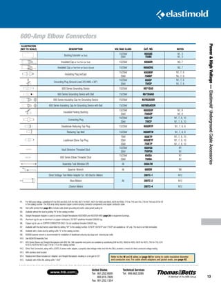 United States
Tel: 901.252.8000
800.816.7809
Fax: 901.252.1354
Technical Services
Tel: 888.862.3289www.tnb.com
13
Power HighVoltage—Elastimold®
UndergroundCableAccessories
600-Amp Elbow Connectors
ILLUSTRATION
(NOT TO SCALE) DESCRIPTION VOLTAGE CLASS CAT. NO. NOTES
Bushing Extender (w/ Stud)
15/25kV
35kV
K655BE
755BE
N1, 3
N1, 3
Insulated Cap w/ Test Point (w/ Stud) 15/25kV K656DR N3, 7
Insulated Cap w/ Test Point (w/ Stud)  Ground 15/25kV K656DRG N3, 7
Insulating Plug (w/Cap)
15/25kV
35kV
K650BIP
750BIP
N1, 7, 8
N1, 7, 8
Grounding Plug (Ground Lead 2/0 AWG x 30)
15/25kV
35kV
650GP
750GP
N1, 7, 8
N1, 7, 8
600 Series Grounding Device 15/25kV K671GAD
600 Series Grounding Device with Ball 15/25kV K671BGAD
600 Series Insulating Cap for Grounding Device 15/25kV K676GADDR
600 Series Insulating Cap for Grounding Device with Ball 15/25kV K676BGADDR
Insulated Parking Bushing
15/25kV
35kV
K650SOP
750SOP
N7, 8
N7, 8
Connecting Plug
15/25kV
35kV
K651CP
750CP
N1, 7, 8, 10
N1, 7, 8, 10
Deadbreak Reducing Tap Plug 15/25kV K650RTP N1, 7, 8, 9
Reducing Tap Well 15/25kV K650RTW N1, 7, 8, 9
Loadbreak Elbow Tap Plug
15kV
25kV
35kV
650ETP
K650ETP
750ETP
N1, 7, 8, 10
N1, 7, 8, 10
N1, 7, 8, 10
Vault Stretcher Threaded Stud
15/25kV
35kV
650VSA
750VSA
N1
N1
600 Series Elbow Threaded Stud
15/25kV
35kV
650SA
750SA
N1
N1
Assembly Tool (Window-OP) All 600ATM
Spanner Wrench All 600SW N9
Direct Voltage Test Meter Adapter for: HD Electric Meters
All
200TC-1 N12
Ross Meters 200TC-2 N12
Chance Meters 200TC-4 N12
N1.	For 900-amp ratings, substitute 675 for 650 and 655; 676 for 656; K671 for K651; K675 for K650 and K655; K676 for K656; 775 for 750 and 755; 776 for 756 and 2X for 0X
in the catalog number. The 900-amp rating requires copper current-carrying connector components and copper conductor cable.
N2.	Add suffix symbol from page 43 to include cable shield grounding kit and/or cable jacket sealing kit.
N3. 	 Available without the stud by adding “N” to the catalog number.
N4. 	Straight Receptacle Adapter is used to connect Straight Receptacles K655YBSR and K655YSR-W0X (page 24) to equipment bushings.
N5. 	Aluminum lug for use on aluminum or copper conductors. DO NOT substitute threaded 03600X lug.
N6. 	Copper lug for use on COPPER CONDUCTOR ONLY. Do not substitute threaded 03602X lug.
N7. 	Available with the stud factory-assembled by adding “SP” to the catalog number. 675ETP, K675ETP and 775ETP are available as -SP only. The stud is not field removable.
N8. 	 Available with a loose stud by adding suffix “S” to the catalog number.
N9. 	600SW spanner wrench is recommended for installation of deadbreak reducing tap plugs and reducing tap wells.
N10. 	 Use 600ATM Assembly Tool.
N11. 	600 Series Elbows and Straight Receptacles with IEEE Std. 386 capacitive test points are available by substituting 656 for 655; K656 for K655; K676 for K675; 756 for 755; 676
for 675; K676 for K675 and 776 for 775 in the catalog number.
N12. 	Direct Test Connectors, along with a 200TC-X series meter adapter, a properly rated voltage meter and Hot-line Stick; provides a means for direct conductor voltage testing.
N13. 	 With stainless steel bracket.
N14. 	Replacement Elbow includes an I-Adapter, and Straight Receptacle, resulting in a net gain of 20.
N15. 	 Available with 200kv BIL adding suffix “-200”.
Refer to the W and X tables on page 50 for sizing to cable insulation diameter
and conductor size. For cable shield adapters and jacket seals, see page 42.
K671GAD
Y
176
K
D
FOR
A
US
E
G
O
K676GADDRK671BGAD
K651/671GAD
K676BGADDR
B
Y
176
K
D
FOR
A
US
E
G
O
ELASTIMOLD
R
DEADBREAK
600AMP16.2kVL-G
K651/671BGAD
ELASTIMOLD
R
DEADBREAK
600AMP16.2kVL-G
K671GAD
Y
176
K
D
FOR
A
US
E
G
O
K676GADDRK671BGAD
K651/671GAD
K676BGADDR
B
Y
176
K
D
FOR
A
US
E
G
O
ELASTIMOLD
R
DEADBREAK
600AMP16.2kVL-G
K651/671BGAD
ELASTIMOLD
R
DEADBREAK
600AMP16.2kVL-G
K671GAD
Y
176
K
D
FOR
A
US
E
G
O
K676GADDRK671BGAD
K651/671GAD
K676BGADDR
B
Y
176
K
D
FOR
A
US
E
G
O
ELASTIMOLD
R
DEADBREAK
600AMP16.2kVL-G
K651/671BGAD
ELASTIMOLD
R
DEADBREAK
600AMP16.2kVL-G
K671GAD
Y
176
K
D
FOR
A
US
E
G
O
K676GADDRK671BGAD
K651/671GAD
K676BGADDR
B
Y
176
K
D
FOR
A
US
E
G
O
ELASTIMOLD
R
DEADBREAK
600AMP16.2kVL-G
K651/671BGAD
ELASTIMOLD
R
DEADBREAK
600AMP16.2kVL-G
 