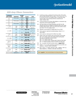 United States
Tel: 901.252.8000
800.816.7809
Fax: 901.252.1354
Technical Services
Tel: 888.862.3289www.tnb.com
17
Power HighVoltage—Elastimold®
UndergroundCableAccessories
600-Amp Elbow Connectors
N1. 	For 900-amp ratings, substitute 675 for 650 and 655; 676 for 656;
K675 for K650 and K655; K676 for K656; 775 for 750 and 755; 776
for 756 and 2X for 0X in the catalog number. The 900-amp rating
requires copper current-carrying connector components and
copper conductor cable.
N2. 	L-Kits and VS-Kits do not include cable adapters or compression lugs.
These items must be ordered separately.
N3. 	600 Series Elbows and Straight Receptacles with IEEE Std. 386
capacitive test points are available by substituting 656 for 655; K656
for K655; K676 for K675; 756 for 755; 676 for 675; K676 for K675
and 776 for 775 in the catalog number.
N4. 	 600ATM is recommended for installing K651CP and 750CP.
N5. 	Can be used as a repair joint mounting hardware. (Gains 31
⁄2 of
repair length.)
N6. 	 Can be used as a reducing joint for different size cables.
N7. 	Rubber junction with stainless steel mounting plate and back plate.
Add “-U” for rubber junction with stainless steel mounting plate,
back plate and adjustable mounting bracket.
Add “-4” for rubber junction only.
Add “-5” for rubber junction, stainless steel U-straps and back plate.
Add “-6” Hardware package consists of brackets and straps only.
N8. 	 Two - six-position multi-point junctions shown on pages 22–23.
N9. 	Replace “L” for “E” when connecting to equipment and one BIP is not
required (i.e., K655E2, K655E3, K655VSE3).
N10. 	Add “G” after “L” to replace a BIP with a GAD + GADDR or “GB” for a
BGAD+BGADDR (i.e., K655EG2, K655LGB3, K655VSEG3).
ILLUSTRATION
(NOT TO SCALE) DESCRIPTION
VOLTAGE
CLASS CAT. NO. NOTES
2-Point Junction 15/25kV K650J2 N1, 7, 8
35kV 750J2 N1, 7, 8
3-Point Junction 15/25kV K650J3 N1, 7, 8
35kV 750J3 N1, 7, 8
4-Point Junction 15/25kV K650J4 N1, 7, 8
35kV 750J4 N1, 7, 8
1-Way 15/25kV K655L1 N1, 2, 3, 9, 10
L-Kit 35kV 755L1 N1, 2, 3
2-Way 15/25kV K655L2-WOX
N1,2 ,3, 4,
5, 6, 9, 10
L-Kit 35kV 755L2-WOX
N1, 2, 3, 4,
5, 6
2-Way 15/25kV K655VSL2-WOX N1, 2, 3, 9, 10
VS-Kit 35kV 755VSL2-WOX N1, 2, 3
3-Way 15/25kV K655L3-WOX
N1, 2, 3, 4,
9, 10
L-Kit 35kV 755L3-WOX N1, 2, 3, 4
3-Way
VS Kit
15/25kV
35kV
K655VSL3-WOX
755VSL3-WOX
N1, 2, 3, 5, 6,
9, 10
N1, 2, 3, 5, 6
4-Way 15/25kV K655L4-WOX
N1, 2, 3, 4,
9, 10
L-Kit 35kV 755L4-WOX N1, 2, 3, 4
4-Way 15/25kV K655VSL4-WOX
N1, 2, 3, 5, 6,
9, 10
VS-Kit 35kV 755VSL4-WOX N1, 2, 3, 5, 6
Assembly Tool ALL 600ATM Refer to page 68 for L-Kits and Vault Stretcher Kits Ordering Information.
 