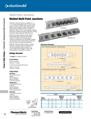 www.tnb.com
United States
Tel: 901.252.8000
800.816.7809
Fax: 901.252.1354
Technical Services
Tel: 888.862.3289
24
Power HighVoltage—Elastimold®
UndergroundCableAccessories
Elastimold®
multi-point junctions are available in 2-, 3-,
4-, 5- or 6-point configurations with 15, 25/28 or 35kV
ratings. Units feature modular design flexibility, allowing
selection of any combination of 200-amp deepwell or
600-amp bushing interfaces located on standard 4 or
optional 61
⁄2 centers. The 61
⁄2 center spacing is especially
well suited for Distributed Switchgear applications, including
fused elbow, MVI fault interrupter, MVS switch, etc.
Designs incorporate lightweight, damage-resistant,
EPDM molded rubber construction and corrosion-
resistant 304 stainless steel mounting brackets.
Junctions are maintenance free, fully shielded, deadfront
and submersible. Units are ideally suited for subsurface,
padmount, indoor and outdoor vault applications.
Elastimold®
multi-point junctions provide a convenient
method for connecting, looping and tapping of 200-
and 600-amp elbows and other accessories at a
common location where utilization of space, cable
training,flexibility and operability are important.
Ratings Overview
See page 2 for complete information
Current Ratings
600 Amp Continuous
25kA sym., 10 cycles
or with 200-amp Bushing Well versions
200 Amp Continuous
10kA sym., 10 cycles
Voltage Ratings
15kV Class
8.3kV Phase-to-Ground
95kV BIL
34kV AC Withstand
53kV DC Withstand
11kV Corona Extinction
25/28kV Class
16.2kV Phase-to-Ground
140kV BIL
45kV AC Withstand
84kV DC Withstand
21.5kV Corona Extinction
35kV Class
21.1kV Phase-to-Ground
150kV BIL
50kV AC Withstand
103kV DC Withstand
26kV Corona Extinction
J6-622226-25
J6-662266-25-SV
Dimensional Information
Optional
Tilt Mounting Adapter
TYPE OF
JUNCTION
FIGURE 1 FIGURE 2
A B C
NUMBER OF
MOUNTING
HOLES A B C
NUMBER OF
MOUNTING
HOLES
J2 15 71
⁄2 6 6 191
⁄2 10 81
⁄4 6
J3 19 111
⁄2 8 6 26 161
⁄2 111
⁄2 6
J4 24 151
⁄2 10 6 321
⁄2 23 91
⁄4 8
J5 27 191
⁄2 12 6 39 291
⁄2 12 8
J6 31 231
⁄2 93
⁄8 8 451
⁄2 36 81
⁄4 10
Molded Multi-Point Junctions
Figure 1: Multi–Point Junctions with 4 Interface Spacings.
9
⁄16 X 1 MOUNTING HOLES
A
B
C
51
⁄2 63
⁄4
GROUNDING LUGNAMEPLATE
4
TYP
D
51
⁄4
GROUNDING LUG
Figure 2: Multi–Point Junctions with 61
⁄2 Interface Spacings.
9
⁄16 X 1 MOUNTING HOLES
A
B
51
⁄2 63
⁄4
C11
⁄2
NAMEPLATE
61
⁄2
TYP
D
51
⁄4
11
⁄2
15° to 60°
Adjustable
Angle
Multi-Point Junctions
 