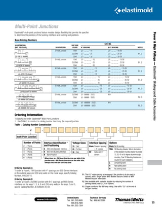 United States
Tel: 901.252.8000
800.816.7809
Fax: 901.252.1354
Technical Services
Tel: 888.862.3289www.tnb.com
25
Power HighVoltage—Elastimold®
UndergroundCableAccessories
Elastimold®
multi-point junctions feature modular design flexibility that permits the specifier
to determine the positions of the bushing interfaces and bushing well positions.
Ordering Information
To specify and order Elastimold®
Multi-Point Junctions:
1.	 Use Table 1 to construct a catalog number describing the required junction.
Ordering Example A
To order a 4-point, 15kV junction with 4 spacings and 600 Series interfaces
on the outside ways and 200-amp wells on the inside ways, specify Catalog
Number J4-6226-15.
Ordering Example B
To order a 6-point, 25/28kV junction with 61
⁄2 spacings and 600 Series
interfaces on the ways 1, 3, 4, 6 and 200-amp wells on the ways 2 and 5,
specify Catalog Number J6-626626-25-SV.
Base Catalog Numbers
ILLUSTRATION
(NOT TO SCALE) DESCRIPTION
VOLTAGE
CLASS
CAT. NO.
NOTES4 SPACING 61
⁄2 SPACING
2-Point Junction 15kV J2 - __ __ - 15 J2 - __ __ - 15-SV
N1, 225/28kV J2 - __ __ - 25 J2 - __ __ - 25-SV
35kV J2 - __ __ - 35 J2 - __ __ - 35-SV
3-Point Junction 15kV J3 - __ __ __ - 15 J3 - __ __ __ - 15-SV
N1, 225/28kV J3 - __ __ __ - 25 J3 - __ __ __ - 25-SV
35kV J3 - __ __ __ - 35 J3 - __ __ __ - 35-SV
4-Point Junction 15kV J4 - __ __ __ __ - 15 J4 - __ __ __ __ - 15-SV
N1, 225/28kV J4 - __ __ __ __ - 25 J4 - __ __ __ __ - 25-SV
35kV J4 - __ __ __ __ - 35 J4 - __ __ __ __ - 35-SV
5-Point Junction 15kV J5 - __ __ __ __ __ - 15 J5 - __ __ __ __ __ - 15-SV
N1, 225/28kV J5 - __ __ __ __ __ - 25 J5 - __ __ __ __ __ - 25-SV
35kV J5 - __ __ __ __ __ - 35 J5 - __ __ __ __ __ - 35-SV
6-Point Junction 15kV J6 - __ __ __ __ __ __ - 15 J6 - __ __ __ __ __ __ - 15-SV
N1, 225/28kV J6 - __ __ __ __ __ __ - 25 J6 - __ __ __ __ __ __ - 25-SV
35kV J6 - __ __ __ __ __ __ - 35 J6 - __ __ __ __ __ __ - 35-SV
5-Point Junction 25/28kV J5 - 66666 - 25CU N/A
N2, 335kV J5 - 66666 - 35CU
6-Point Junction 25/28kV J6 - 666666 - 25CU N/A
N2, 335kV J6 - 666666 - 35CU
(J2-26-15 shown)
(J3-626-35 shown)
(J4-6226-15 shown)
(J5-62226-15 shown)
(J6-622226-15 shown)
(J5-66666-35C shown)
(J6-666666-35C shown)
Table 1. Catalog Number Construction
Multi-Point Junction
* When there is a 200-Amp Interface on one side of the
junction and a 600 Series interface on the other side,
always start with the 200-amp side.
J - - - -
Number of Points
2 2 Points
3 3 Points
4 4 Points
5 5 Points
6 6 Points
Interface Identification *
and Positioning
2 200-Amp Deepwell Interface
6 600-Amp Bushing Interface
B Blank Position
Voltage Class
15 15kV
25 25/28kV
35 35kV
Interface Spacing
Blank Standard spacing
– 4 centers
SV Optional 61
⁄2
centers
Options
Blank No tilt mounting
TMA Tilt Mounting Adapter. Bolts to the bottom
of the standard mounting bracket to provide
15, 30, 45 or 60 degree adjustable angle
mounting. (Two Tilt Mounting Adapters are
required for each installation.)
L Left parking stand
R Right parking stand
N No parking stand
N1.	The 61
⁄2 wide spacing is necessary if the junction is to be used to
connect with a single-phase MVS Molded Vacuum Switch or MVI
Molded Vacuum Interrupter.
N2.	Also available with a shorter bracket by reducing the number of
parking stands; see R, L, N in Options.
N3.	Copper conductor for 900-amp rating. Use suffix CU at the end of
the part number.
Multi-Point Junctions
 