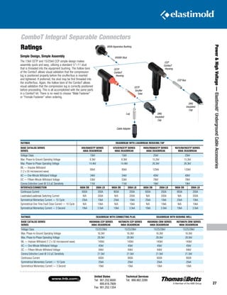 United States
Tel: 901.252.8000
800.816.7809
Fax: 901.252.1354
Technical Services
Tel: 888.862.3289www.tnb.com
27
Power HighVoltage—Elastimold®
UndergroundCableAccessories
Ratings
Simple Design, Simple Assembly
The 15kV CETP and 15/25kV CCP simple design makes
assembly quick and easy, utilizing a standard 5
⁄8–11 stud
that is threaded into the equipment bushing. The hollow bore
of the ComboT allows visual validation that the compression
lug is positioned properly before the snuffer/bus is inserted
and tightened. If preferred, the stud may be first threaded into
the snuffer/bus. Again, the hollow bore of the ComboT allows
visual validation that the compression lug is correctly positioned
before proceeding. This is all accomplished with the same parts
in a ComboT kit. There is no need to choose “Male Fastener”
or “Female Fastener” when ordering.
RATINGS DEADBREAK WITH LOADBREAK REDUCING TAP
BASE CATALOG SERIES
SERIES
655/656CETP SERIES
600A DEADBREAK
675/676CETP SERIES
900A DEADBREAK
K655/K656CETP SERIES
600A DEADBREAK
K675/K676CETP SERIES
900A DEADBREAK
Voltage Class 15kV 15kV 25kV 25kV
Max. Phase-to-Ground Operating Voltage 8.3kV 8.3kV 15.2kV 15.2kV
Max. Phase-to-Phase Operating Voltage 14.4kV 14.4kV 26.3kV 26.3kV
BIL — Impulse Withstand
(1.2 x 50 microsecond wave)
95kV 95kV 125kV 125kV
AC — One-Minute Withstand Voltage 34kV 34kV 40kV 40kV
DC — Fifteen-Minute Withstand Voltage 53kV 53kV 78kV 78kV
Corona Extinction Level @ 3.0 pC Sensitivity 11kV 11kV 19kV 19kV
INTERFACE/CONNECTION 600A DB 200A LB 900A DB 200A LB 600A DB 200A LB 900A DB 200A LB
Continuous Current 600A 200A 900A 200A 600A 200A 900A 200A
Loadmake/Loadbreak Switching Current N/A 200A N/A 200A N/A 200A N/A 200A
Symmetrical Momentary Current — 10 Cycle 25kA 10kA 25kA 10kA 25kA 10kA 25kA 10kA
Symmetrical One-Time Fault Close Current — 10 Cycle N/A 10kA N/A 10kA N/A 10kA N/A 10kA
Symmetrical Momentary Current — 3 Second 10kA 3.5kA 10kA 3.5kA 10kA 3.5kA 10kA 3.5kA
RATINGS DEADBREAK WITH CONNECTING PLUG DEADBREAK WITH BUSHING WELL
BASE CATALOG SERIES
SERIES
K655K656 CCP SERIES
600A DEADBREAK
K675K676 CCP SERIES
900A DEADBREAK
K655K656 CBW SERIES
600A DEADBREAK
K675K676 CBW SERIES
900A DEADBREAK
Voltage Class 15/25/28kV 15/25/28kV 15/25/28kV 15/25/28kV
Max. Phase-to-Ground Operating Voltage 16.2kV 16.2kV 16.2kV 16.2kV
Max. Phase-to-Phase Operating Voltage 28.0kV 28.0kV 28.0kV 28.0kV
BIL — Impluse Withstand (1.2 x 50 microsecond wave) 140kV 140kV 140kV 140kV
AC — One-Minute Withstand Voltage 45kV 45kV 45kV 45kV
DC — Fifteen-Minute Withstand Voltage 84kV 84kV 84kV 84kV
Corona Extinction Level @ 3.0 pC Sensitivity 21.5kV 21.5kV 21.5kV 21.5kV
Continuous Current 600A 900A 600A 900A
Symmetrical Momentary Current — 10 Cycle 25kA 25kA 25kA 25kA
Symmetrical Momentary Current — 3 Second 10kA 10kA 10kA 10kA
CETP
ComboT
Housing
DRG
Insulated
Cap
Lug
Cable Adapter
600A Apparatus Bushing
650SA Stud
CCP
ComboT
Housing
CCP Bus
DRG
Insulated
Cap
CETP
Snuffer
Tube
ComboT Integral Separable Connectors
 