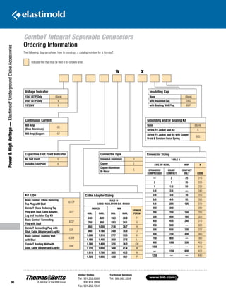 www.tnb.com
United States
Tel: 901.252.8000
800.816.7809
Fax: 901.252.1354
Technical Services
Tel: 888.862.3289
30
Power HighVoltage—Elastimold®
UndergroundCableAccessories
Ordering Information
The following diagram shows how to construct a catalog number for a ComboT.
Voltage Indicator
15kV CETP Only (Blank)
25kV CETP Only K
15/25kV K
Continuous Current
600 Amp
(Base Aluminum)
65
900 Amp (Copper) 67
Capacitive Test Point Indicator
No Test Point 5
Includes Test Point 6
Kit Type
Basic ComboT Elbow Reducing
Tap Plug with Stud
BCETP
ComboT Elbow Reducing Tap
Plug with Stud, Cable Adapter,
Lug and Insulated Cap Kit
CETP
Basic ComboT Connecting
Plug with Stud
BCCP
ComboT Connecting Plug with
Stud, Cable Adapter and Lug Kit
CCP
Basic ComboT Bushing Well
with Stud
BCBW
ComboT Bushing Well with
Stud, Cable Adapter and Lug Kit
CBW
Connector Type
Universal Aluminum 0
Copper 2
Copper/Aluminum
Bi-Metal
5
Cable Adapter Sizing
TABLE W
CABLE INSULATION DIA. RANGE
INCHES MM
SYMBOL
FOR WMIN. MAX. MIN. MAX.
.640 .820 16.3 20.8 F
.760 .950 19.3 24.1 G
.850 1.050 21.6 26.7 H
.980 1.180 24.9 30.0 J
1.090 1.310 27.7 33.3 K
1.180 1.465 30.0 37.2 L
1.280 1.430 32.5 36.3 LM
1.370 1.630 34.8 41.4 M
1.515 1.780 38.5 45.2 N
1.725 1.935 43.8 49.1 P
Insulating Cap
None (Blank)
with Insulated Cap DRG
with Bushing Well Plug BWP
Grounding and/or Sealing Kit
None (Blank)
Shrink-Fit Jacket Seal Kit S
Shrink-Fit Jacket Seal Kit with Copper
Braid  Constant Force Spring
SG3
Connector Sizing
TABLE X
AWG OR KCMIL MM2
X
STRANDED/
COMPRESSED
SOLID/
COMPACT
COMPACT
ONLY CODE
— 2 25 210
2 1 35 220
1 1/0 50 230
1/0 2/0 — 240
2/0 3/0 70 250
3/0 4/0 95 260
4/0 250 125 270
250 300 — 280
300 350 150 290
350 400 185 300
400 450 240 310
450 500 — 320
500 600 300 330
650 750 400 360
750 900 — 380
900 1000 500 400
1000 — — 410
— 1250 630 420
1250 — — 440
Indicates field that must be filled in to complete order.
W X
ComboT Integral Separable Connectors
 