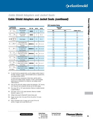 United States
Tel: 901.252.8000
800.816.7809
Fax: 901.252.1354
Technical Services
Tel: 888.862.3289www.tnb.com
45
Power HighVoltage—Elastimold®
UndergroundCableAccessories
Cable Shield Adapters and Jacket Seals
ILLUSTRATION
(NOT TO SCALE) DESCRIPTION CAT. NO. SUFFIX NOTES
Cold-Shrinkable
Jacket Seal
200ECS -S N1, 3
Cold-Shrinkable
Jacket Seal
600ECS -S N1, 4
Shield Adapter 10TL-W -TL N1, 2
Cold-Shrinkable Seal
w/ Copper Rod  Crimp
Connector
200ECSG1-2 -SG1 N1, 3, 5, 6
Cold-Shrinkable Seal
w/ Copper Rod 
Crimp Connector
600ECSG1-2 -SG1 N1, 4, 5, 6
Cold-Shrinkable Seal w/
Copper Rod  Constant
Force Spring
200ECSG2-2 -SG2 N1, 3, 5, 6
Cold-Shrinkable Seal w/
Copper Rod  Constant
Force Spring
600ECSG2-2 -SG2 N1, 4, 5, 6
Cold-Shrinkable Seal w/
Copper Braid  Constant
Force Spring
200ECSG3 -SG3 N1, 3, 5, 7
Cold-Shrinkable Seal w/
Copper Braid  Constant
Force Spring
600ECSG3 -SG3 N1, 4, 5, 7
N1.	To order the kits as separate items, use the catalog numbers shown in
the table. Example: To order a cold-shrinkable tube as a separate item,
use catalog number 200ECS.
	To order the kits as components of other items, add the suffix to
the end of the catalog number. Example: To order a cold-shrinkable
jacket seal as a component of an elbow kit, use catalog number
166LR-A5200-S.
N2.	Only use this suffix with catalog numbers that designate a “W” housing
size. Sizing the main component will also size the suffix adapter.
N3.	Size range .80 to 1.50 jacket diameters. Maximum installed diameter
is approximately 2.
N4.	Size range 1.28 to 2.30 jacket diameters. Maximum installed
diameter is approx. 2.75.
N5.	Voltage rating equal to Elastimold®
product being used.
N6.	Copper rod size is No. 6 for sizes FA thru HA and No. 2 for sizes
HAB thru JB.
N7.	Braid is equivalent to No. 6 copper rod for sizes FA thru HA
and No. 2 copper rod for sizes HAB thru JB.
10TL Insulation Sizing
INSULATION
INCHES
SYMBOL FOR WMIN. MAX.
.495 .585 EB
.525 .635 EF
.575 .585 FA
.625 .735 FAB
.675 .785 FB
.725 .835 FG
.775 .885 GA
.825 .935 GAB
.875 .985 GB
.930 1.040 GH
.980 1.115 HA
1.040 1.175 HAB
1.095 1.240 HB
1.160 1.305 HJ
1.220 1.375 JA
1.285 1.395 JAB
1.355 1.520 JB
1.485 1.595 KA
1.530 1.640 KAB
1.575 1.685 KB
1.755 1.875 PA
Cable Shield Adapters and Jacket Seals (continued)
 