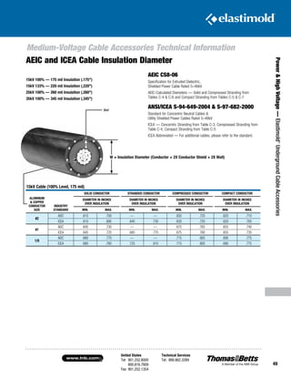 United States
Tel: 901.252.8000
800.816.7809
Fax: 901.252.1354
Technical Services
Tel: 888.862.3289www.tnb.com
49
Medium-Voltage Cable Accessories Technical Information
Power HighVoltage—Elastimold®
UndergroundCableAccessories
AEIC and ICEA Cable Insulation Diameter
W = Insulation Diameter (Conductor + 2X Conductor Shield + 2X Wall)
15kV 100% — 175 mil Insulation (.175)
15kV 133% — 220 mil Insulation (.220)
25kV 100% — 260 mil Insulation (.260)
35kV 100% — 345 mil Insulation (.345)
Wall
AEIC CS8-06
Specification for Extruded Dielectric,
Shielded Power Cable Rated 5–46kV
AEIC-Calculated Diameters — Solid and Compressed Stranding from
Tables C-4  C-6 and Compact Stranding from Tables C-5  C-7
ANSI/ICEA S-94-649-2004  S-97-682-2000
Standard for Concentric Neutral Cables 
Utility Shielded Power Cables Rated 5–46kV
ICEA — Concentric Stranding from Table C-3, Compressed Stranding from
Table C-4, Compact Stranding from Table C-5
ICEA Abbreviated — For additional cables, please refer to the standard.
15kV Cable (100% Level, 175 mil)
ALUMINUM
 COPPER
CONDUCTOR
SIZE
INDUSTRY
STANDARD
SOLID CONDUCTOR STRANDED CONDUCTOR COMPRESSED CONDUCTOR COMPACT CONDUCTOR
DIAMETER IN INCHES
OVER INSULATION
DIAMETER IN INCHES
OVER INSULATION
DIAMETER IN INCHES
OVER INSULATION
DIAMETER IN INCHES
OVER INSULATION
MIN. MAX. MIN. MAX. MIN. MAX. MIN. MAX.
#2
AEIC .610 .700 — — .635 .725 .620 .710
ICEA .610 .695 .645 .730 .635 .720 .620 .705
#1
AEIC .645 .730 — — .675 .765 .655 .740
ICEA .645 .725 .685 .770 .675 .760 .655 .735
1/0
AEIC .680 .770 — — .715 .805 .690 .775
ICEA .680 .760 .725 .810 .715 .800 .690 .775
 