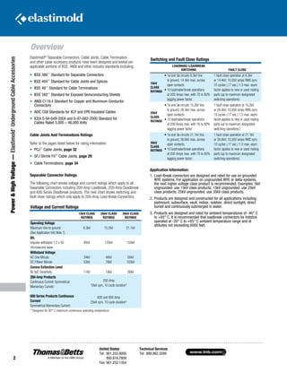 www.tnb.com
United States
Tel: 901.252.8000
800.816.7809
Fax: 901.252.1354
Technical Services
Tel: 888.862.3289
2
Overview
Power& HighVoltage—Elastimold®
UndergroundCableAccessories
Elastimold®
Separable Connectors, Cable Joints, Cable Terminators
and other cable accessory products have been designed and tested per
applicable portions of IEEE, ANSI and other industry standards including:
•	 IEEE 386™
Standard for Separable Connectors
•	 IEEE 404™
Standard for Cable Joints and Splices
•	 IEEE 48™
Standard for Cable Terminations
•	 IEEE 592™
Standard for Exposed Semiconducting Shields
•	ANSI C119.4 Standard for Copper and Aluminum Conductor
Connectors
•	AEIC CS8 Standards for XLP and EPR Insulated Cables
•	ICEA S-94-649-2004 and S-97-682-2000 Standard for
Cables Rated 5,000 – 46,000 Volts
Cable Joints And Terminations Ratings
Refer to the pages listed below for rating information:
•	PCJ™
Cable Joints, page 32
•	 SFJ Shrink Fit™
Cable Joints, page 29
•	 Cable Terminations, page 34
Separable Connector Ratings
The following chart shows voltage and current ratings which apply to all
Separable Connectors including 200-Amp Loadbreak, 200-Amp Deadbreak
and 600 Series Deadbreak products. The next chart shows switching and
fault close ratings which only apply to 200-Amp Load-Break Connectors.
Application Information:
1.	Load-Break connectors are designed and rated for use on grounded
WYE systems. For application on ungrounded WYE or delta systems,
the next higher voltage class product is recommended. Examples: 5kV
ungrounded: use 15kV class products; 15kV ungrounded: use 25kV
class products; 25kV ungrounded: use 35kV class products.
2.	Products are designed and constructed for all applications including
padmount, subsurface, vault, indoor, outdoor, direct sunlight, direct
buried and continuously submerged in water.
3.	Products are designed and rated for ambient temperatures of -40° C
to +65° C. It is recommended that loadbreak connectors be hotstick
operated at -20° C to +65° C ambient temperature range and at
altitudes not exceeding 6000 feet.
Voltage and Current Ratings
15kV CLASS
RATINGS
25kV CLASS
RATINGS
35kV CLASS
RATINGS
Operating Voltage
Maximum line-to-ground
(See Application Info Note 1)
8.3kV 15.2kV 21.1kV
BIL
Impulse withstand 1.2 x 50
microsecond wave
95kV 125kV 150kV
Withstand Voltage
AC One Minute
DC Fifteen Minute
34kV
53kV
40kV
78kV
50kV
103kV
Corona Extinction Level
@ 3pC Sensitivity 11kV 19kV 26kV
200-Amp Products
Continuous Current: Symmetrical
Momentary Current:
600 Series Products Continuous
Current
Symmetrical Momentary Current:
200 Amp
10kA sym, 10 cycle duration*
600 and 900 Amp
25kA sym, 10 cycle duration*
* Designed for 90° C maximum continuous operating temperature.
Switching and Fault Close Ratings
LOADMAKE/LOADBREAK
SWITCHING FAULT CLOSE
15kV
CLASS
RATINGS
• 1ø and 3ø circuits 8.3kV line
to ground, 14.4kV max. across
open contacts
• 10 loadmake/break operations
at 200 Amps max. with 70 to 80%
lagging power factor
1 fault close operation at 8.3kV
or 14.4kV; 10,000 amps RMS sym;
10 cycles (.17 sec.) 1.3 max. asym
factor applies to new or used mating
parts (up to maximum designated
switching operations)
25kV
CLASS
RATINGS
• 1ø and 3ø circuits 15.2kV line
to ground, 26.3kV max. across
open contacts
• 10 loadmake/break operations
at 200 Amps max. with 70 to 80%
lagging power factor
1 fault close operation at 15.2kV
or 26.3kV; 10,000 amps RMS sym;
10 cycles (.17 sec.) 1.3 max. asym
factor applies to new or used mating
parts (up to maximum designated
switching operations.)
35kV
CLASS
RATINGS
• 1ø and 3ø circuits 21.1kV line
to ground, 36.6kV max. across
open contacts.
• 10 loadmake/break operations
at 200 Amps max. with 70 to 80%
lagging power factor.
1 fault close operation at 21.1kV
or 36.6kV; 10,000 amps RMS sym;
10 cycles (.17 sec.) 1.3 max. asym
factor applies to new or used mating
parts (up to maximum designated
switching operations)
 