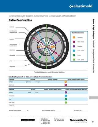 United States
Tel: 901.252.8000
800.816.7809
Fax: 901.252.1354
Technical Services
Tel: 888.862.3289www.tnb.com
67
Power HighVoltage—Elastimold®
UndergroundCableAccessories
Transmission Cable Accessories Technical Information
Cable Construction
Conductor
Semi-Conductive
Conductor Screen
Insulation
Semi-Conductive
Insulation Screen
Metal Shield
Inner Jacket
Armor
Outer Jacket
A
B
C
DE
F
Cable Data Requirements for Cable Joint and Cable Termination Selection
ITEM NAME MATERIAL SIZE (MM2
OR KCMIL) OUTSIDE DIAMETER (MM OR INCHES)
Conductor o Aluminum o Copper A
Metal Shield B
Provide cable cut sheet or provide dimensional data below.
ITEM NAME MATERIAL NORMAL THICKNESS (MM OR INCHES) NOMINAL OUTSIDE DIAMETER (MM OR INCHES)
Insulation o XLPE o EPR C
Inner Jacket D
Armor* E
Outer Jacket* F
* If applicable
Nominal System Voltage ________ kV	 Non-Shieldbreak Joint Qty. ________	 Termination Qty. ________
Diameter Dimensions
	 A	Conductor
	 B	 Metal Shield
	 C	Insulation
	 D	 Inner Jacket
	 E	Armor
	 F	 Outer Jacket
 