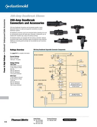 Power  High Voltage — Elastimold® Underground Cable Accessories

200-Amp Deadbreak Elbows
200-Amp Deadbreak
Connectors and Accessories
200-Amp Deadbreak Connectors and Accessories provide a quickdisconnect feature for cable and equipment connections on power
distribution systems.
All deadbreak connectors must be de-­ nergized before operating and must
e
be mechanically secured with bails when connected. Components can be
isolated with insulated caps, plugs and parking bushings.
All deadbreak elbows are equipped with test points as standard. Optional
accessories allow system grounding, bypass and lightning surge protection.
Additional connecting points and taps can be provided by use of junctions
or feed-thrus.

Ratings Overview

200-Amp Deadbreak Separable Connector Components

See page H-2 for complete information.
CABLE TO EQUIPMENT

BUSHING WELL PLUG

Current Ratings

BUSHING
WELL

200A Continuous
10kA sym. 10 Cycles

BUSHING
INSERT

INSULATED CAP

Voltage Ratings

15kV Class
8.3kV Phase-to-Ground
14.4kV Phase-to-Phase
95kV BIL
34kV AC Withstand
53kV DC Withstand
11kV Corona Extinction
25kV Class
15.2kV Phase-to-Ground
26.3kV Phase-to-Phase
125kV BIL
40kV AC Withstand
78kV DC Withstand
19kV Corona Extinction

DEADBREAK
FEED-THRU INSERT

OPERATING ACCESSORIES

STRAIGHT RECEPTACLE

INTEGRAL BUSHING

PARKING
STAND

STAND-OFF PLUG

ELBOW
CONNECTOR

GROUNDING PLUG

CABLE TO CABLE CONNECTIONS

FEED THRU

INSULATED PLUG

STRAIGHT PLUG

LOCKING AND
REPAIR SPLICE

IN-LINE JUNCTION

LOCKING
“Y” SPLICE

Except for locking splices all
200A deadbreak products must
be mechanically secured with a
bail when connected

TEE SPLICE
3-POINT
JUNCTION
4-POINT
JUNCTION

H-8

United States
Tel: 901.252.8000
800.816.7809
Fax: 901.252.1354

See pages H-46–H-52
for surge arresters applications
2-POINT
JUNCTION

Technical Services
Tel: 888.862.3289

www.tnb.com

 