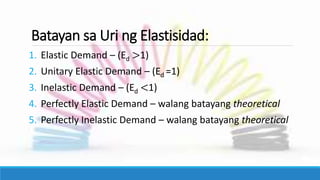 Batayan sa Uri ng Elastisidad:
1. Elastic Demand – (Ed >1)
2. Unitary Elastic Demand – (Ed =1)
3. Inelastic Demand – (Ed <1)
4. Perfectly Elastic Demand – walang batayang theoretical
5. Perfectly Inelastic Demand – walang batayang theoretical
 