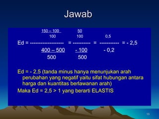 Jawab  150 – 100    50 100   100  0,5 Ed = -------------------  = ----------  =  -----------  = - 2,5 400 – 500   - 100   - 0,2 500   500 Ed = - 2,5 (tanda minus hanya menunjukan arah perubahan yang negatif yaitu sifat hubungan antara harga dan kuantitas berlawanan arah) Maka Ed = 2,5 > 1 yang berarti ELASTIS 