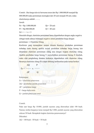 3
Contoh : Jika harga televisi berwarna turun dari Rp 1.000.000,00 menjadi Rp
800.000,00 maka permintaan meningkat dari 20 unit menjadi 40 unit, maka
elastisitasnya adalah ……..
Jawab:
Po = Rp 1.000.000,00 Qo = 20 unit
P1 = Rp 800.000,00 Q1 = 40 unit
Ed = = : = x = 3
Haruslah diingat, elastisitas permintaan harus digambarkan dengan angka negative
sebagai tanda adanya hubungan negative antara perubahan harga dengan
permintaan. 1. Elastisitas Silang
Koefesien yang menunjukan sampai dimana besarnya perubahan permintaan
terhadap suatu barang apabila terjadi perubahan terhadap harga barang lain
dinamakan elastisitas permintaan silang atau dengan ringkas elastisitas silang.
Apabila perubahan harga barang Y menyebabkan permintaan barang X berubah,
maka sifat penghubung diantara keduanya digambarkan oleh elastisitas silang.
Besarnya elastisitas silang (Es) dapat dihitung berdasarkan pada rumus berikut:
Keterangan:
Es = elastisitas penawaran
ΔQ = perubahan jumlah penawaran
ΔP = perubahan harga
P = harga mula-mula
Q = jumlah penawaran awal
Contoh:
Pada saat harga Rp 10.000, jumlah sayuran yang ditawarkan ialah 100 buah.
Namun, ketika harganya turun menjadi Rp 5.000, jumlah sayuran yang ditawarkan
sebesar 50 buah. Berapakah tingkat elastisitas penawarannya?
Diketahui:
ΔQ = 100 buah - 50 buah = 50 buah
 