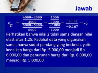 12
Jawab
𝜀 𝑝 =
4000−3000
3000
5000−6000
6000
=
1000
3000
−1000
6000
=
0,333
−0,167
=-2
Perhatikan bahwa nilai 2 tidak sama dengan nilai
elastisitas 1,25. Padahal data yang digunakan
sama, hanya sudut pandang yang berbeda, yaitu
kenaikan harga dari Rp. 5.000,00 menjadi Rp.
6.000,00 dan penurunan harga dari Rp. 6.000,00
menjadi Rp. 5.000,00
 