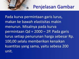 Penjelasan Gambar
Pada kurva permintaan garis lurus,
makan ke bawah elastisitas makin
menurun. Misalnya pada kurva
permintaan Qd = 2000 – 2P. Pada garis
lurus setiap penurunan harga sebesar Rp.
100,00 selalu memberikan kenaikan
kuantitas yang sama, yaitu sebesa 200
unit.
 