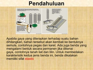 Pendahuluan




Apabila gaya yang diterapkan terhadap suatu bahan
dihilangkan, bahan tersebut akan kembali ke bentuknya
semula, contohnya pegas dan karet. Ada juga benda yang
mengalami bentuk secara permanen jika dikenai
gaya, contohnya tanah liat dan lilin. Untuk membedakan
karakteristik kedua jenis benda ini, benda dikatakan
memiliki sifat elastis
 