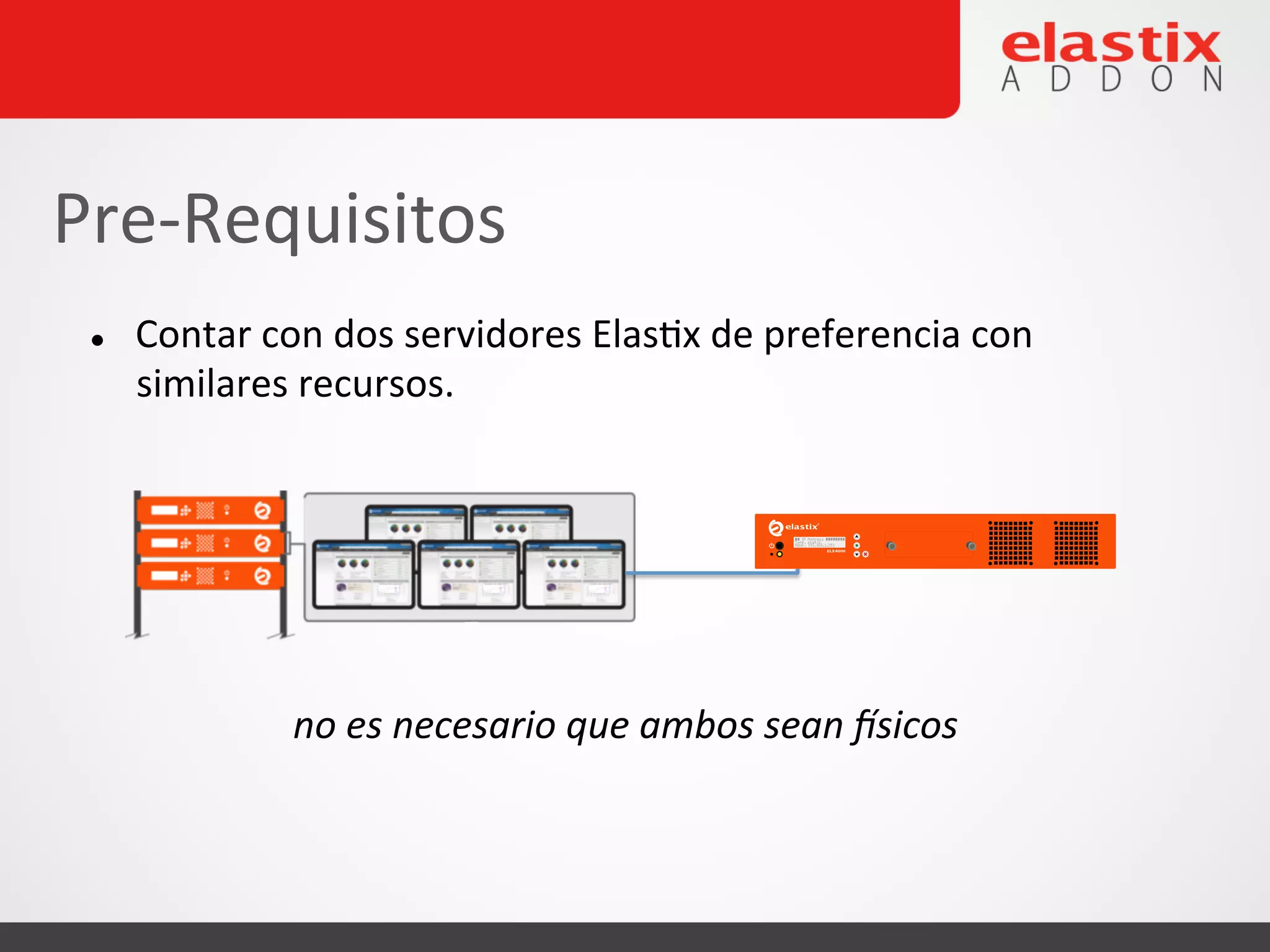 l Contar
con
dos
servidores
Elas4x
de
preferencia
con
similares
recursos.
Pre-‐Requisitos
no
es
necesario
que
ambos
sean
.sicos