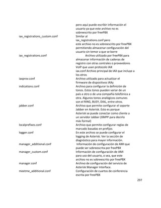 pero aquí puede escribir información el
usuario ya que este archivo no es
sobreescrito por freePBX
iax_registrations_custom.conf Similar al
iax_registrations.conf pero
este archivo no es sobreescrito por freePBX
permitiendo almacenar configuración del
usuario sin temor a que se borre
iax_registrations.conf Archivo utilizado por freePBX para
almacenar información de cadenas de
registro con otras centrales o proveedores
VoIP que usan protocolo IAX
iax.conf Archivo principal de IAX que incluye a
los otros
iaxprov.conf Archivo utilizado para actualizar el
firmware de dispositivos IAXy
indications.conf Archivo para configurar la definición de
tonos. Estos tonos pueden variar de un
país a otro o de una compañía telefónica a
otra. Algunos tonos analógicos comunes
son el RING, BUSY, DIAL, entre otros.
jabber.conf Archivo que permite configurar el soporte
Jabber en Asterisk. Esto es porque
Asterisk se puede conectar como cliente a
un servidor Jabber (XMPP para decirlo
más formal)
localprefixes.conf Archivo que permite configurar reglas de
marcado basadas en prefijos
logger.conf En este archivo se puede configurar el
logging de Asterisk. Ver la sección de
diagnóstico para mayor información.
manager_additional.conf Información de configuración de AMI que
puede ser sobreescrita por freePBX
manager_custom.conf Información de configuración de AMI
para uso del usuario, o sea, que este
archivo no es sobreescrito por freePBX
manager.conf Archivo de configuración del servicio de
Asterisk Manager Interface.
meetme_additional.conf Configuración de cuartos de conferencia
escrita por freePBX
297
 