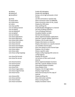 agi debug Enable AGI debugging
agi debug off Disable AGI debugging
agi dumphtml Dumps a list of agi commands in html
format
agi show List AGI commands or specific help
cb mysql status Show connection status of CBMySQL
cdr mysql status Show connection status of cdr_mysql
cdr status Display the CDR status
core clear profile Clear profiling info
core set debug channel Enable/disable debugging on a channel
core set debug Set level of debug chattiness
core set debug off Turns off debug chattiness
core set global Set global dialplan variable
core set verbose Set level of verboseness
core show applications Shows registered dialplan applications
core show application Describe a specific dialplan application
core show audio codecs Displays a list of audio codecs
core show channels Display information on channels
core show channel Display information on a specific channel
core show channeltypes List available channel types
core show channeltype Give more details on that channel type
core show codecs Displays a list of codecs
core show codec Shows a specific codec
core show config mappings Display config mappings (file names to
config engines)
core show file formats Displays file formats
core show file version List versions of files used to build
Asterisk
core show functions Shows registered dialplan functions
core show function Describe a specific dialplan function
core show globals Show global dialplan variables
core show hints Show dialplan hints
core show image codecs Displays a list of image codecs
core show image formats Displays image formats
core show license Show the license(s) for this copy of
Asterisk
core show profile Display profiling info
core show switches Show alternative switches
core show threads Show running threads
core show translation Display translation matrix
303
 