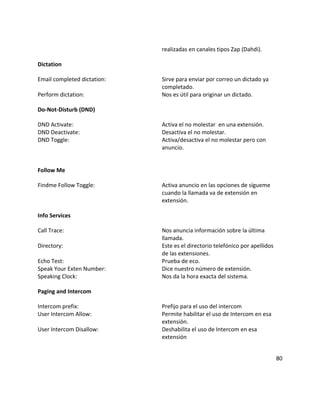 realizadas en canales tipos Zap (Dahdi).
Dictation
Email completed dictation: Sirve para enviar por correo un dictado ya
completado.
Perform dictation: Nos es útil para originar un dictado.
Do-Not-Disturb (DND)
DND Activate: Activa el no molestar en una extensión.
DND Deactivate: Desactiva el no molestar.
DND Toggle: Activa/desactiva el no molestar pero con
anuncio.
Follow Me
Findme Follow Toggle: Activa anuncio en las opciones de sígueme
cuando la llamada va de extensión en
extensión.
Info Services
Call Trace: Nos anuncia información sobre la última
llamada.
Directory: Este es el directorio telefónico por apellidos
de las extensiones.
Echo Test: Prueba de eco.
Speak Your Exten Number: Dice nuestro número de extensión.
Speaking Clock: Nos da la hora exacta del sistema.
Paging and Intercom
Intercom prefix: Prefijo para el uso del intercom
User Intercom Allow: Permite habilitar el uso de Intercom en esa
extensión.
User Intercom Disallow: Deshabilita el uso de Intercom en esa
extensión
80
 
