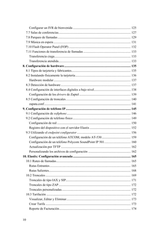 10
Configurar un IVR de bienvenida ........................................................................ 125
7.7 Salas de conferencias.......................................................................................... 127
7.8 Parqueo de llamadas........................................................................................... 129
7.9 Música en espera ................................................................................................ 131
7.10 Flash Operator Panel (FOP) ............................................................................. 132
7.11 Funciones de transferencia de llamadas ........................................................... 133
Transferencia ciega............................................................................................... 133
Transferencia atendida.......................................................................................... 133
8. Configuración de hardware................................................................................... 135
8.1 Tipos de tarjetería y fabricantes.......................................................................... 135
8.2 Instalando físicamente la tarjetería..................................................................... 136
Hardware modular................................................................................................ 137
8.3 Detección de hardware ....................................................................................... 137
8.4 Configuración de interfaces digitales a bajo nivel.............................................. 138
Configuración de los drivers de Zaptel ................................................................ 139
8.5 Configuración de troncales................................................................................. 140
zapata.conf............................................................................................................ 141
9. Configuración de teléfono IP................................................................................. 145
9.1 Configuración de softphone................................................................................ 146
9.2 Configuración de teléfono físico ........................................................................ 149
Configuración de red ............................................................................................ 150
Registro del dispositivo con el servidor Elastix ................................................... 152
9.3 Utilizando el endpoint configurator ................................................................... 156
Configuración de un teléfono ATCOM, modelo AT-530.................................... 159
Configuración de un teléfono Polycom SoundPoint IP 501................................. 160
Actualización por TFTP ....................................................................................... 162
Personalizando los archivos de configuración ..................................................... 162
10. Elastix: Configuración avanzada ........................................................................ 165
10.1 Ruteo de llamadas............................................................................................. 165
Rutas Entrantes..................................................................................................... 165
Rutas Salientes...................................................................................................... 168
10.2 Troncales .......................................................................................................... 169
Troncales de tipo IAX y SIP................................................................................. 171
Troncales de tipo ZAP.......................................................................................... 172
Troncales personalizadas...................................................................................... 172
10.3 Tarifación ......................................................................................................... 172
Visualizar, Editar y Eliminar................................................................................ 173
Crear Tarifa .......................................................................................................... 173
Reporte de Facturación......................................................................................... 174
 