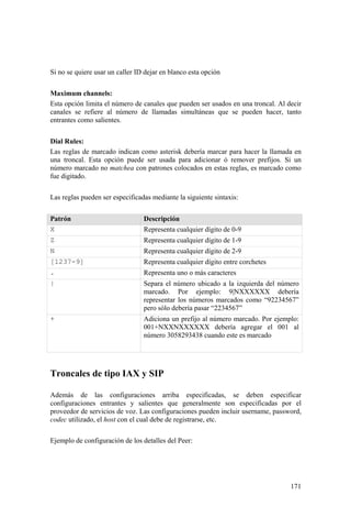 171
Si no se quiere usar un caller ID dejar en blanco esta opción
Maximum channels:
Esta opción limita el número de canales que pueden ser usados en una troncal. Al decir
canales se refiere al número de llamadas simultáneas que se pueden hacer, tanto
entrantes como salientes.
Dial Rules:
Las reglas de marcado indican como asterisk debería marcar para hacer la llamada en
una troncal. Esta opción puede ser usada para adicionar ó remover prefijos. Si un
número marcado no matchea con patrones colocados en estas reglas, es marcado como
fue digitado.
Las reglas pueden ser especificadas mediante la siguiente sintaxis:
Patrón Descripción
X Representa cualquier dígito de 0-9
Z Representa cualquier dígito de 1-9
N Representa cualquier dígito de 2-9
[1237-9] Representa cualquier dígito entre corchetes
. Representa uno o más caracteres
| Separa el número ubicado a la izquierda del número
marcado. Por ejemplo: 9|NXXXXXX debería
representar los números marcados como “92234567”
pero sólo debería pasar “2234567”
+ Adiciona un prefijo al número marcado. Por ejemplo:
001+NXXNXXXXXX debería agregar el 001 al
número 3058293438 cuando este es marcado
Troncales de tipo IAX y SIP
Además de las configuraciones arriba especificadas, se deben especificar
configuraciones entrantes y salientes que generalmente son especificadas por el
proveedor de servicios de voz. Las configuraciones pueden incluir username, password,
codec utilizado, el host con el cual debe de registrarse, etc.
Ejemplo de configuración de los detalles del Peer:
 