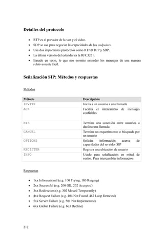 212
Detalles del protocolo
• RTP es el portador de la voz y el video.
• SDP se usa para negociar las capacidades de los endpoints.
• Usa dos importantes protocolos como RTP/RTCP y SDP.
• La última versión del estándar es la RFC3261.
• Basado en texto, lo que nos permite entender los mensajes de una manera
relativamente fácil.
Señalización SIP: Métodos y respuestas
Métodos
Método Descripción
INVITE Invita a un usuario a una llamada
ACK Facilita el intercambio de mensajes
confiables
BYE Termina una conexión entre usuarios o
declina una llamada
CANCEL Termina un requerimiento o búsqueda por
un usuario
OPTIONS Solicita información acerca de
capacidades del servidor SIP
REGISTER Registra una ubicación de usuario
INFO Usado para señalización en mitad de
sesión. Para intercambiar información
Respuestas
• 1xx Informational (e.g. 100 Trying, 180 Ringing)
• 2xx Successful (e.g. 200 OK, 202 Accepted)
• 3xx Redirection (e.g. 302 Moved Temporarily)
• 4xx Request Failure (e.g. 404 Not Found, 482 Loop Detected)
• 5xx Server Failure (e.g. 501 Not Implemented)
• 6xx Global Failure (e.g. 603 Decline)
 
