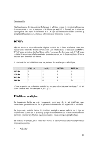 29
Conversación
Si el destinatario decide contestar la llamada el teléfono cerrará el circuito telefónico (de
la misma manera que ocurrió con el teléfono que originó la llamada en la etapa de
descolgado). Esta señal le informará a la OC que el destinatario decidió contestar y
completará la conexión. La llamada telefónica está finalmente en curso.
DTMFs
Muchas veces es necesario enviar dígitos a través de la línea telefónica tanto para
marcar como en medio de una conversación. Con esta finalidad se pensaron los DTMFs.
DTMF es un acrónimo de Dual-Tone Multi-Frequency. Es decir que cada DTMF es en
realidad dos tonos mezclados enviados simultáneamente por la línea telefónica. Esto se
hace así para disminuir los errores.
A continuación una tabla ilustrando los pares de frecuencias para cada dígito.
1209 Hz 1336 Hz 1477 Hz 1633 Hz
697 Hz 1 2 3 A
770 Hz 4 5 6 B
852 Hz 7 8 9 C
941 Hz * 0 # D
Como se puede ver en la tabla también hay correspondencias para los signos * y # así
como también para los caracteres A, B, C y D.
El teléfono analógico
Es importante hablar de este componente importante de la red telefónica pues
recordemos que su invención fue lo que marcó el desarrollo del negocio de la telefonía.
Es importante también hablar del teléfono analógico porque todavía es el tipo de
teléfono más común en el planeta y porque la comprensión de su funcionamiento nos
permitirá entender en el futuro algunos conceptos clave como por ejemplo el eco.
En realidad el teléfono, en su forma más básica, es un dispositivo sencillo compuesto de
pocos componentes.
• Auricular
 