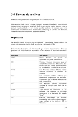 51
3.4 Sistema de archivos
En Linux es muy importante la organización del sistema de archivos.
Esta organización le otorga a Linux robustez e interoperabilidad pues los programas
pueden predecir con mayor exactitud dónde se encuentran ciertos archivos para su
correcto funcionamiento y así mismo escribir archivos de manera que otros
componentes los entiendan. Esto minimiza los conflictos y en conjunto con el sistema
de permisos añade más seguridad al sistema operativo.
Organización
La organización de directorios que se mostrará a continuación no es arbitraria. Es
producto de años de evolución desde las primeras versiones de UNIX.
Esta estructura de carpetas está ubicada en lo que se llama directorio raíz, o directorio
principal. Este directorio raíz es el directorio de más alto nivel en el sistema de archivos.
Directorio Descripción
sbin Incluye binarios que pueden ser
ejecutados solo por el administrador
bin Contiene binarios necesarios para el
correcto funcionamiento del sistema. Los
binarios de esta carpeta pueden también
ser utilizados por los usuarios del sistema
boot Este directorio contiene el kernel y otros
archivos necesarios al momento de
arranque
dev Este directorio contiene archivos que
representan dispositivos de hardware.
Recordemos que en Linux prácticamente
todo es un archivo
etc Este directorio contiene básicamente
archivos de configuración para todo el
sistema
home Aquí residen los directorios de los
usuarios. Por ejemplo, el directorio
/home/jorge es el directorio del usuario
“jorge”
lib Contiene básicamente las librerías
compartidas que requieren los programas.
Algo análogo a los archivos .dll en
Windows
 