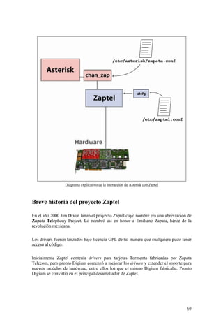 69
Diagrama explicativo de la interacción de Asterisk con Zaptel
Breve historia del proyecto Zaptel
En el año 2000 Jim Dixon lanzó el proyecto Zaptel cuyo nombre era una abreviación de
Zapata Telephony Project. Lo nombró así en honor a Emiliano Zapata, héroe de la
revolución mexicana.
Los drivers fueron lanzados bajo licencia GPL de tal manera que cualquiera pudo tener
acceso al código.
Inicialmente Zaptel contenía drivers para tarjetas Tormenta fabricadas por Zapata
Telecom, pero pronto Digium comenzó a mejorar los drivers y extender el soporte para
nuevos modelos de hardware, entre ellos los que el mismo Digium fabricaba. Pronto
Digium se convirtió en el principal desarrollador de Zaptel.
 