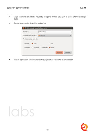 ELASTIX®
CERTIFICATION
	
  
labs
	
  
Lab-11
	
  
	
  
	
  
 Luego hacer click en el botón Payload y escoger el formato (.au) y en la opción Channels escoger
(both).
 Colocar como nombre de archivo payload1.au
	
  
 Abrir un reproductor, seleccionar el archivo payload1.au y escuchar la conversación.	
  
104
 