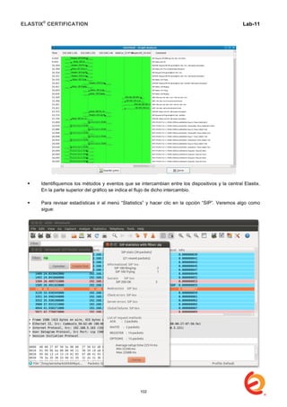 ELASTIX®
CERTIFICATION
	
  
labs
	
  
Lab-11
	
  
	
  
	
  
 Identifiquemos los métodos y eventos que se intercambian entre los dispositivos y la central Elastix.
En la parte superior del gráfico se indica el flujo de dicho intercambio.
 Para revisar estadísticas ir al menú “Statistics” y hacer clic en la opción “SIP”. Veremos algo como
sigue:
102
 