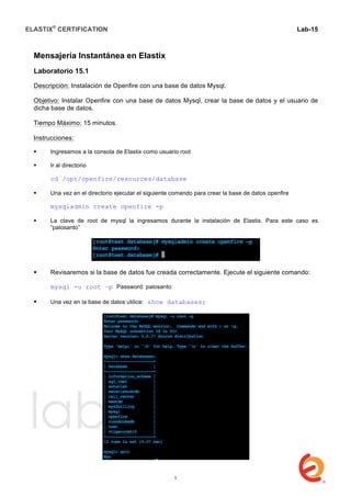 ELASTIX®
CERTIFICATION
	
  
labs
	
  
Lab-15
	
  
Mensajería Instantánea en Elastix
Laboratorio 15.1
Descripción: Instalación de Openfire con una base de datos Mysql.
Objetivo: Instalar Openfire con una base de datos Mysql, crear la base de datos y el usuario de
dicha base de datos.
Tiempo Máximo: 15 minutos.
Instrucciones:
 Ingresamos a la consola de Elastix como usuario root
 Ir al directorio
cd /opt/openfire/resources/database
 Una vez en el directorio ejecutar el siguiente comando para crear la base de datos openfire
mysqladmin create openfire -p
 La clave de root de mysql la ingresamos durante la instalación de Elastix. Para este caso es
“palosanto”
 Revisaremos si la base de datos fue creada correctamente. Ejecute el siguiente comando:
mysql -u root –p Password: palosanto
 Una vez en la base de datos utilice: show databases;
1
 