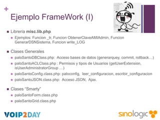 +
Ejemplo FrameWork (I)


Librería misc.lib.php




Ejemplos: Funcion _tr, Funcion ObtenerClaveAMIAdmin, Funcion
Genera...