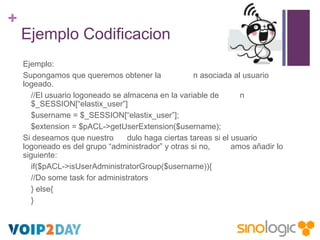 +
Ejemplo Codificacion
Ejemplo:
Supongamos que queremos obtener la
n asociada al usuario
logeado.
//El usuario logoneado s...