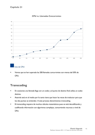 Capítulo 21
Elastix Upgrade
PaloSanto Solutions 2012 – © Todos los derechos reservados
	
  
CPU vs. Llamadas Concurrentes
Uso de CPU
 Vemos que se han superado las 200 llamadas concurrentes con menos del 50% de
CPU.
Transcoding
 En ocasiones una llamada llega con un codec y el punto de destino final utiliza un codec
distinto.
 Asterisk está en el medio por lo tanto tiene que hacer las veces de traductor para que
los dos puntos se entiendan. A este proceso denominamos transcoding.
 El transcoding requiere de muchos cálculos matemáticos pues se está decodificando y
codificando información con algoritmos complejos, consumiendo recursos a nivel de
CPU.
11
 