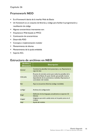 Capítulo 26
Elastix Upgrade
PaloSanto Solutions 2012 – © Todos los derechos reservados
	
  
Framework NEO
 Es el framework detrás de la interfaz Web de Elastix
 Un framework es un conjunto de librerías y código para facilitar la programación y
reutilización de código
 Algunas características interesantes son:
 Arquitectura Web basada en MVC2
 Continuación de características:
 Desarrollo POO
 Concepto e implementación modular
 Mantenimiento de idiomas
 Mantenimiento de la ayuda embebida
 Soporte ACL
Estructura de archivos en NEO
Archivo o
Directorio
Descripción
themes/
Contiene las plantillas html, javascripts y css. Representa la
capa de vista
index.php
El punto de entrada común para todas las pantallas de la
interfaz de Elastix. Es quien decide qué pantalla mostrar
dependiendo de los parámetros recibidos. Representa al
controlador del módulo
libs/ Aquí se encuentran librerías (código reciclable)
configs/ Archivos de configuración
langs/
Definición de los lenguajes, actualmente se soportar 22
idiomas
images/
Imágenes que serán usadas tanto en la ayuda como en el
módulo
help/ Ayuda del módulo
65
 