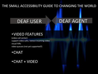 • VIDEO	
  FEATURES	
  	
  	
  	
  	
  	
  
(video	
  call	
  center)	
  
support	
  video	
  calls	
  /	
  detect	
  incoming	
  video	
  
visual	
  IVRs	
  
video	
  queues	
  (not	
  yet	
  supported?)	
  
	
  
• CHAT	
  
	
  
• CHAT	
  +	
  VIDEO	
  
THE	
  SMALL	
  ACCESSIBILITY	
  GUIDE	
  TO	
  CHANGING	
  THE	
  WORLD	
  
DEAF	
  USER	
   DEAF	
  AGENT	
  
 