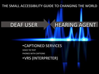 • CAPTIONED	
  SERVICES	
  
VOICE	
  TO	
  TEXT	
  
PHONES	
  WITH	
  CAPTIONS	
  
• VRS	
  (INTERPRETER)	
  
DEAF	
  USER	
   HEARING	
  AGENT	
  
THE	
  SMALL	
  ACCESSIBILITY	
  GUIDE	
  TO	
  CHANGING	
  THE	
  WORLD	
  
 