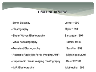 –Sono-Elasticity Lerner 1990
–Elastography Ophir 1991
–Shear Waves Elastography Sarvazyan1997
–Vibro-acoustography Fatemi 1998
–Transient Elastography Sandrin 1999
–Acoustic Radiation Force Imaging(ARFI) Nightingale 2001
–Supersonic Shear Imaging Elastography Bercoff 2004
– MR Elastography Muthupillai1995
TIMELINE REVIEW
 