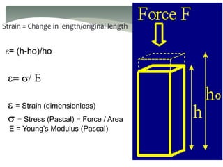 e= (h-ho)/ho
Strain = Change in length/original length
e= / E
e = Strain (dimensionless)
 = Stress (Pascal) = Force / Area
E = Young’s Modulus (Pascal)
 