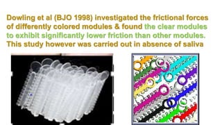 Dowling et al (BJO 1998) investigated the frictional forces
of differently colored modules & found the clear modules
to exhibit significantly lower friction than other modules.
This study however was carried out in absence of saliva
 